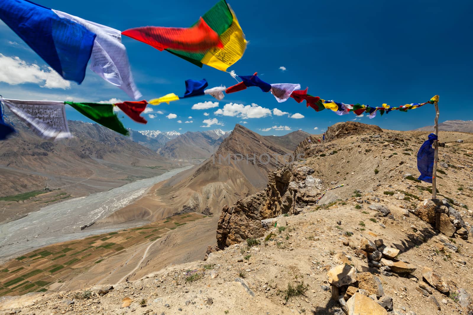 Buddhist prayer flags lungta with mantra written on it. Spiti Valley, India by dimol