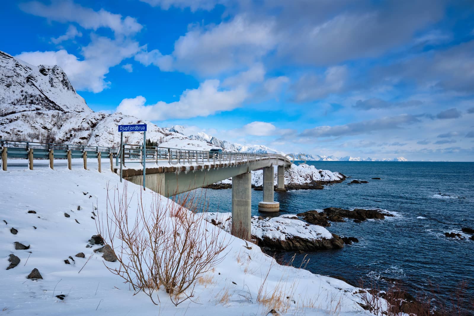 Djupfjord Bridge Djupfjordbrua in winter. Lofoten islands, Norway by dimol