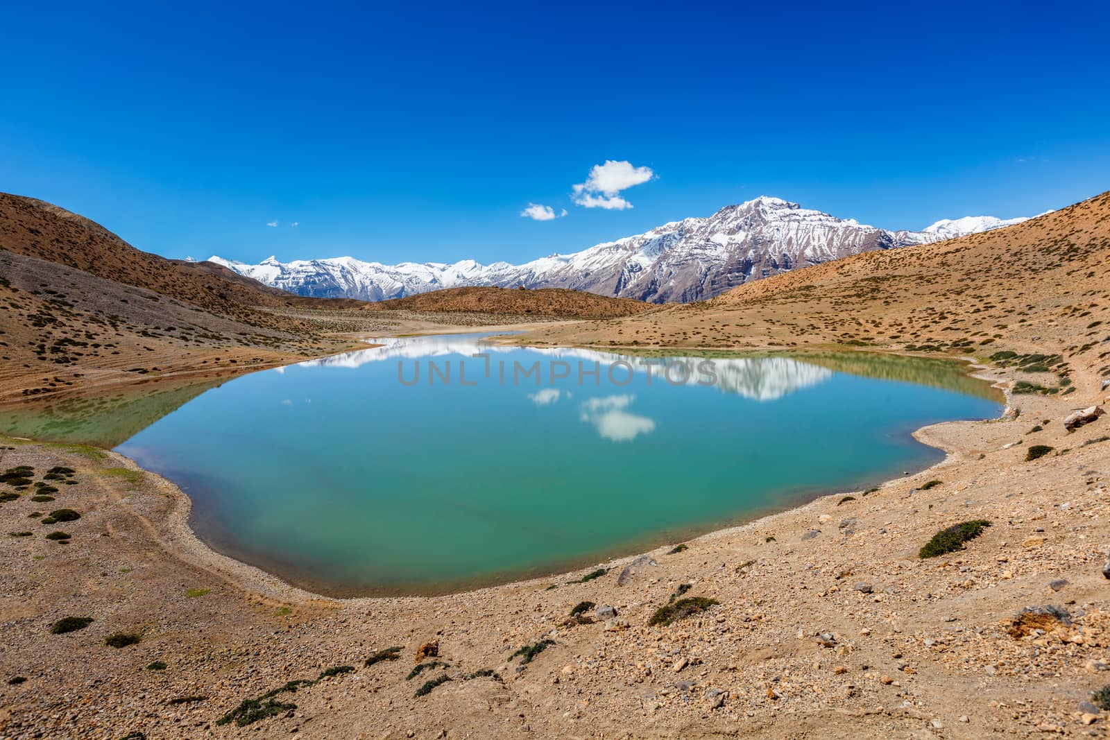 Dhankar lake in Himalayas. Spiti valley, Himachal Pradesh, India