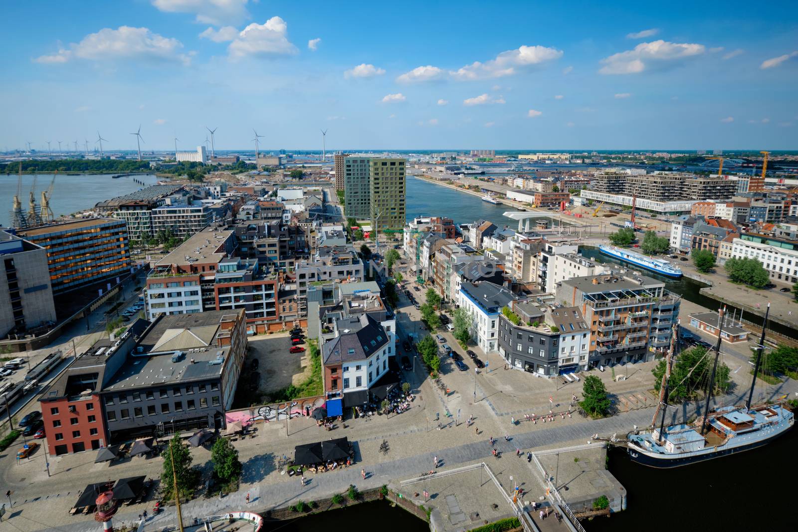 Aerial view of Antwerp city with port crane in cargo terminal. Antwerpen, Belgium. Benelux