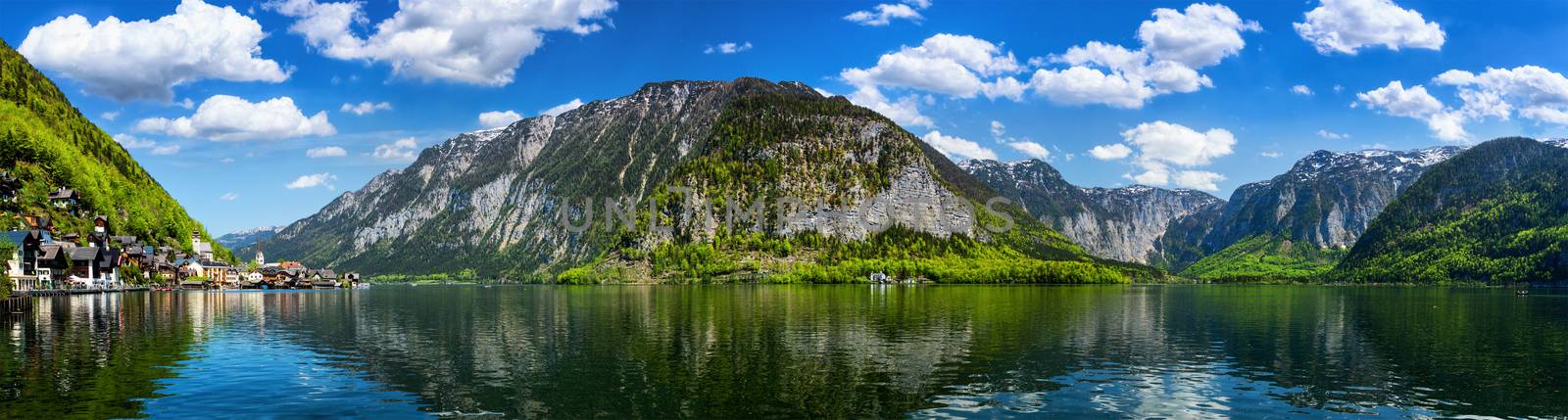 Austrian tourist destination - panorama of Hallstatt village and Hallstatter See mountain lake in Austria in Austrian alps. Salzkammergut region, Austria