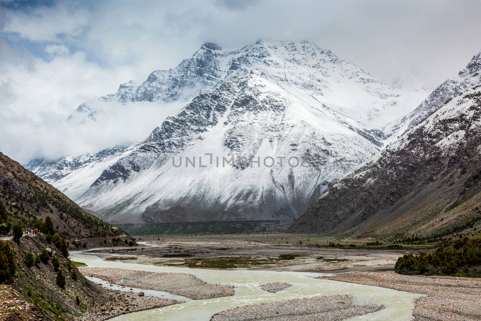 Himalayan landscape scenery in Lahaul valley in Himalayas with snowcapped mountains. Himachal Pradesh, India