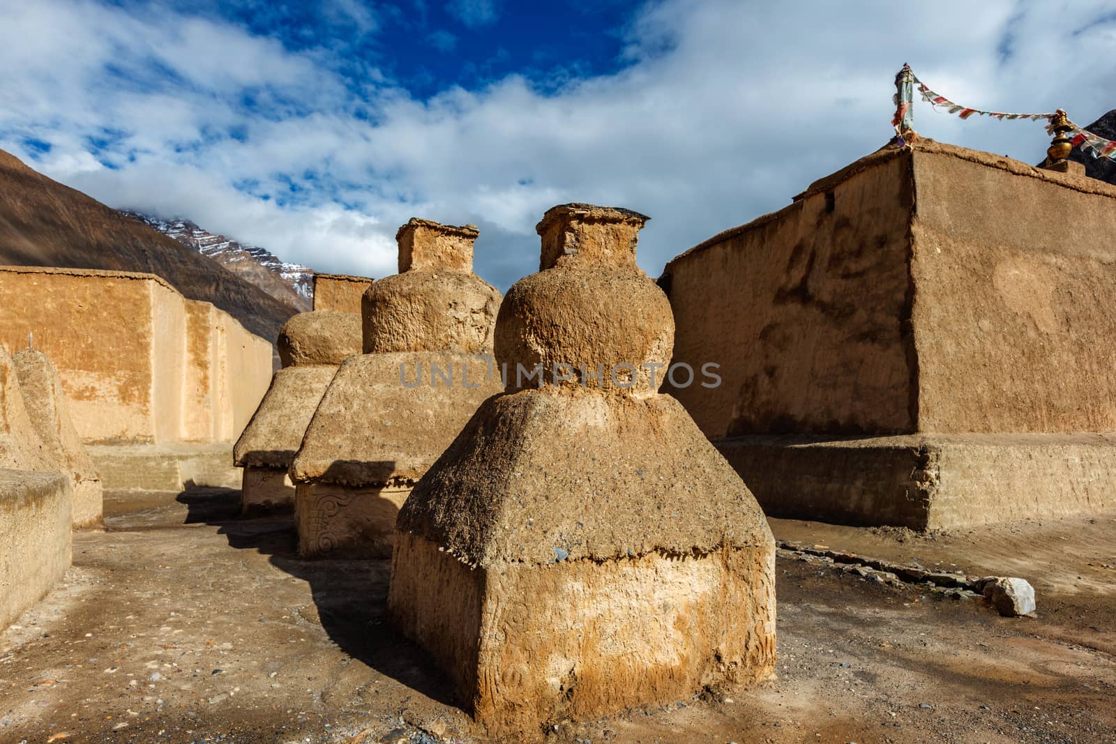 Buddhist gompas temple made of clay in Tabo village Spiti Valley. Clay gompa is built high in Himalaya on territory of monastery in tradition of Tibetan Buddhism religion. Himachal Pradesh, India