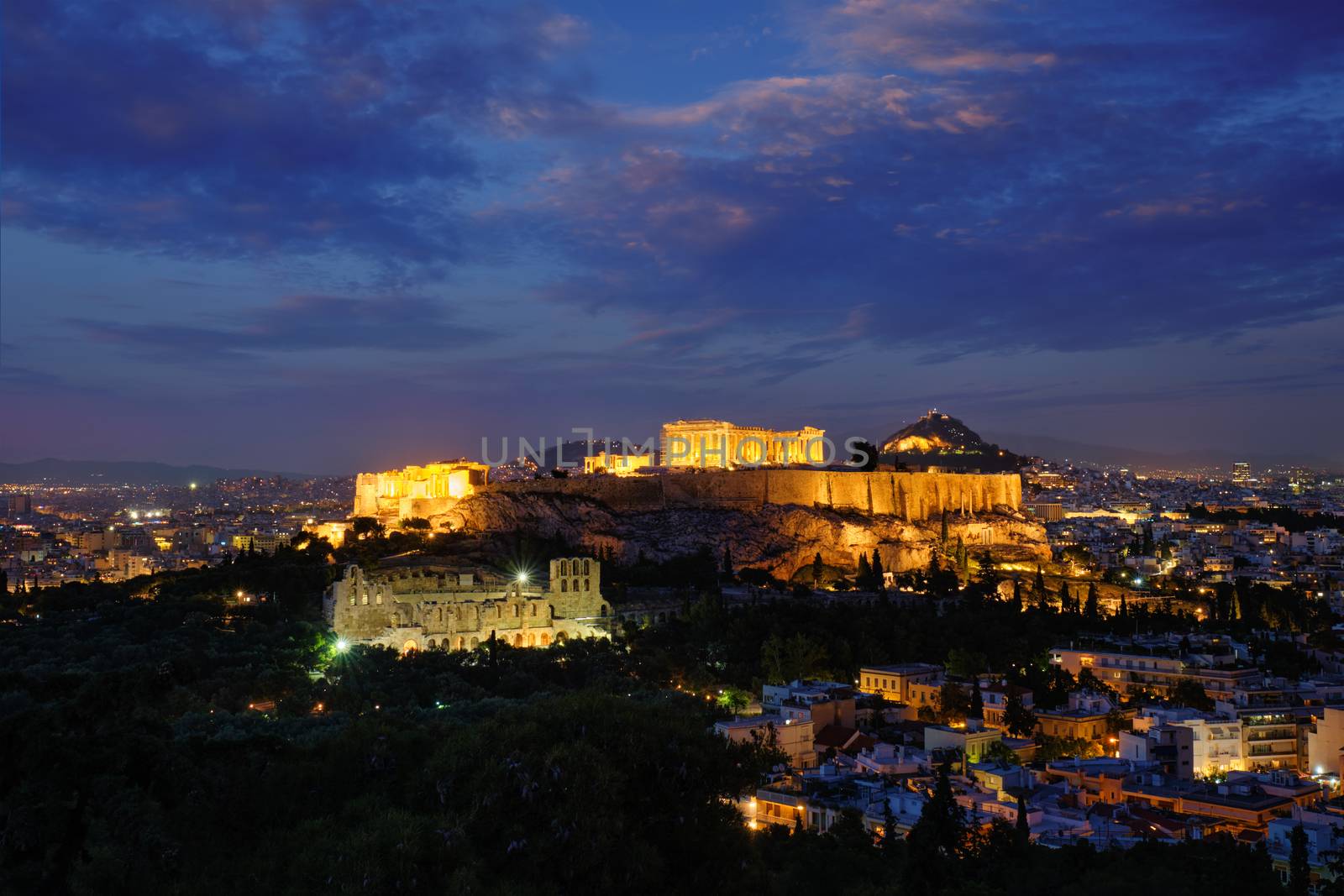 Parthenon Temple and Amphiteater are ancient architecture at the Acropolis, Athens, Greece by dimol