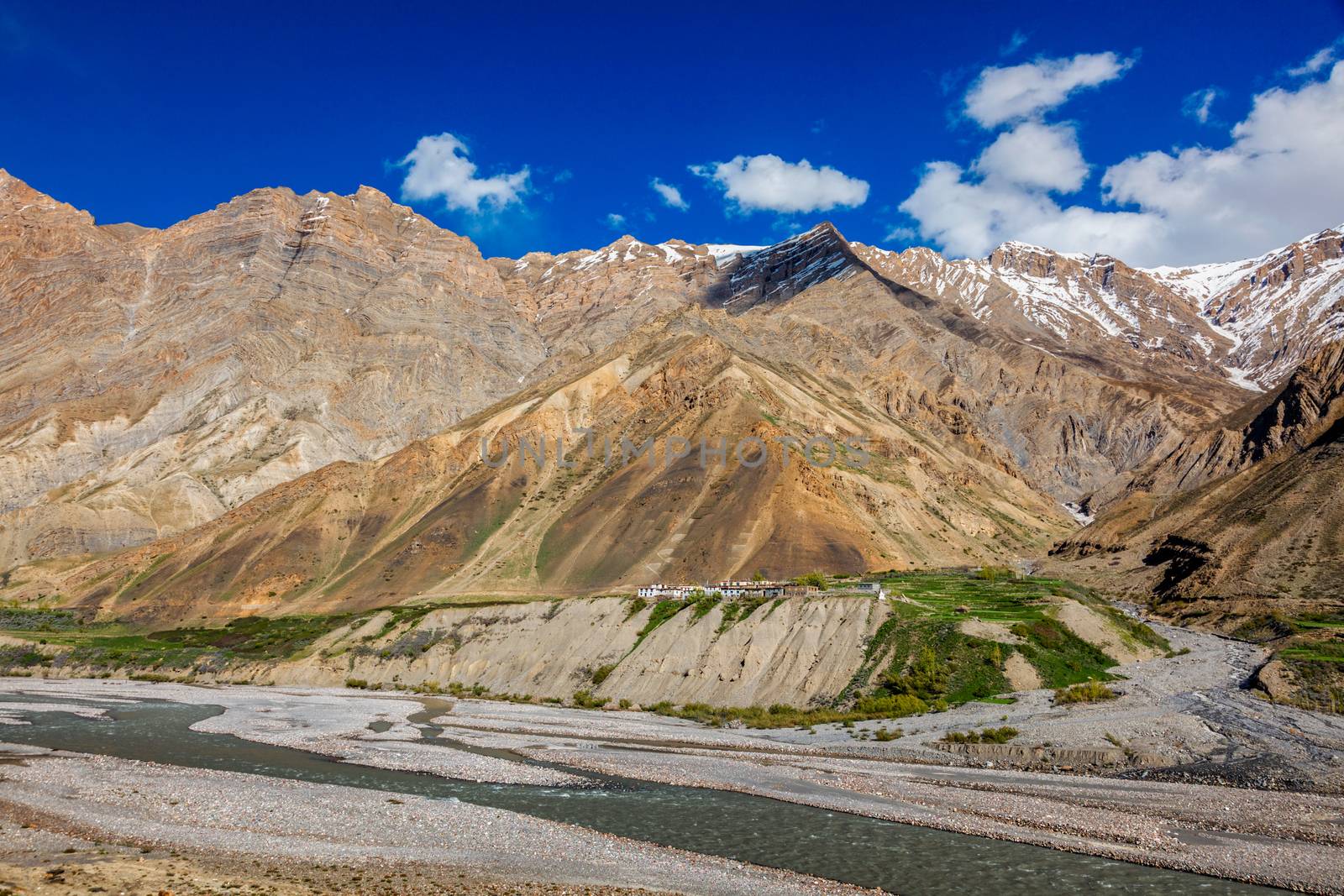 Small sparsely populated village with residental houses in Himalayas mountains. Pin Valley, Himachal Pradesh, India