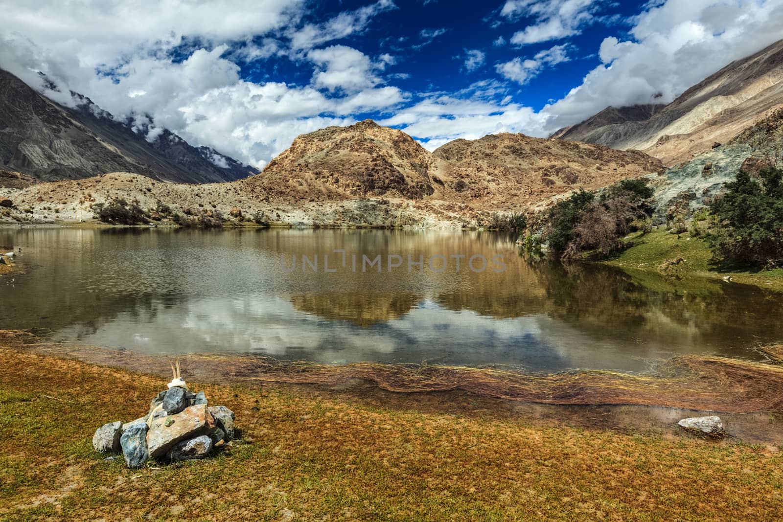 Lohan Tso mountain lake - sacred holy Tibetan buddhist buddhism piligrimage site. Nubra valley, Ladakh, India