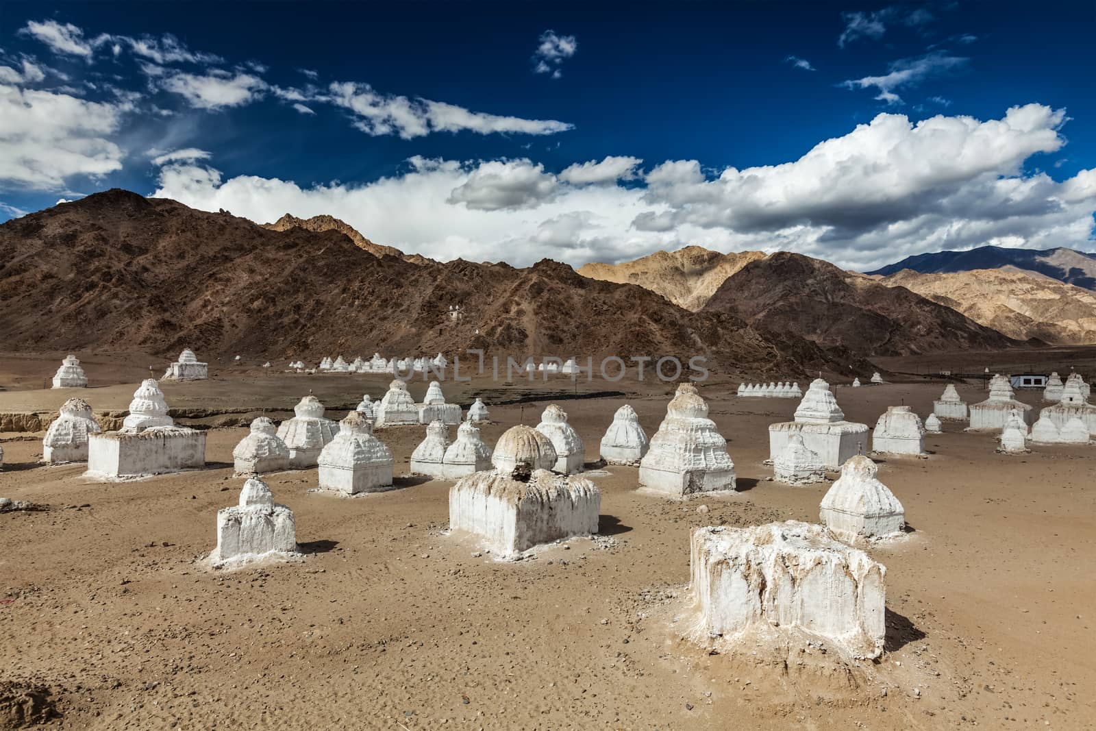 Whitewashed chortens Tibetan Buddhist stupas . Nubra valley, Ladakh, India by dimol