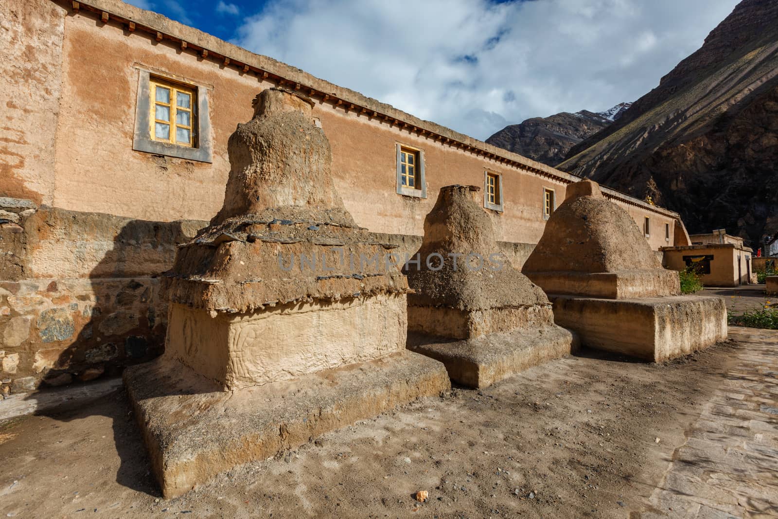 Buddhist Tabo monastery building and gompas made of clay in Tabo village Spiti Valley. Monastery is built on high Himalaya plato in tradition of Tibetan Buddhism religion. Himachal Pradesh, India