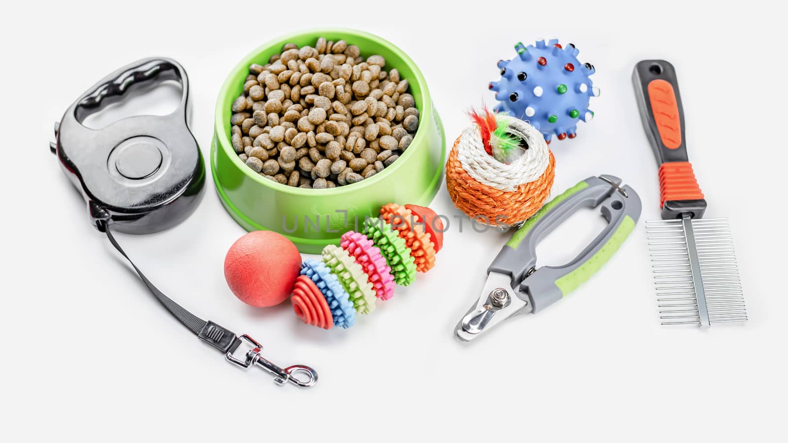 Dry food with pets accessories on isolated white