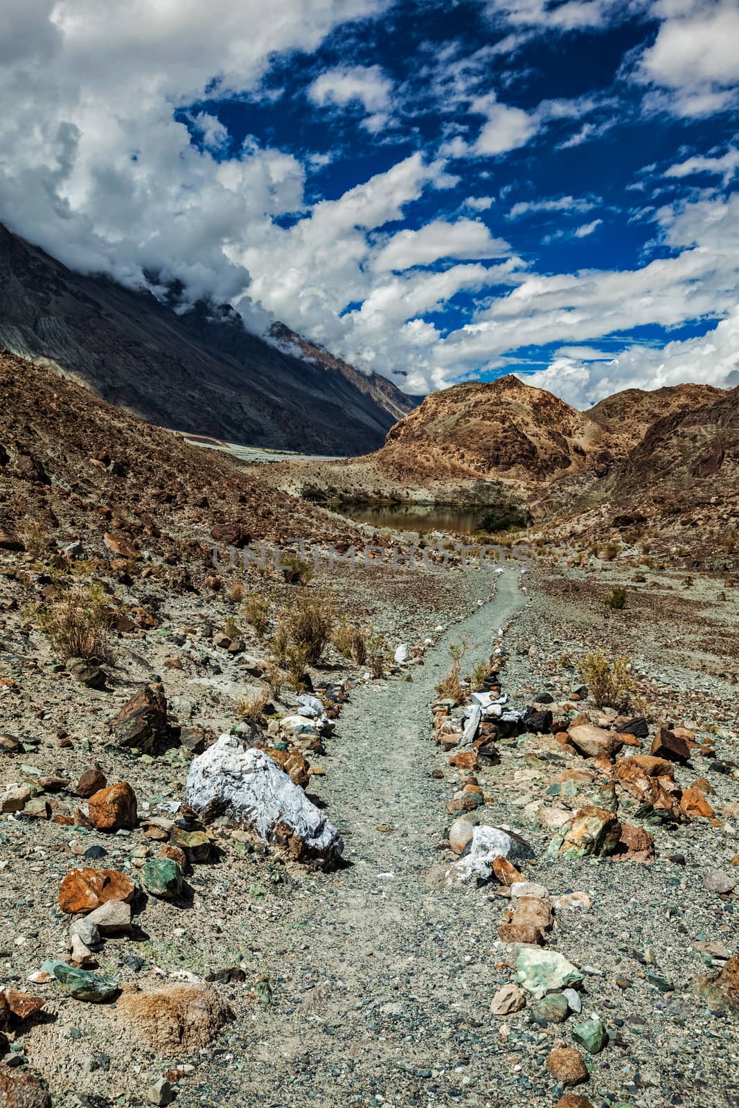 Foot path to sacred Buddhist lake Lohat Tso in Himalayas. Nubra valley, Ladakh, India