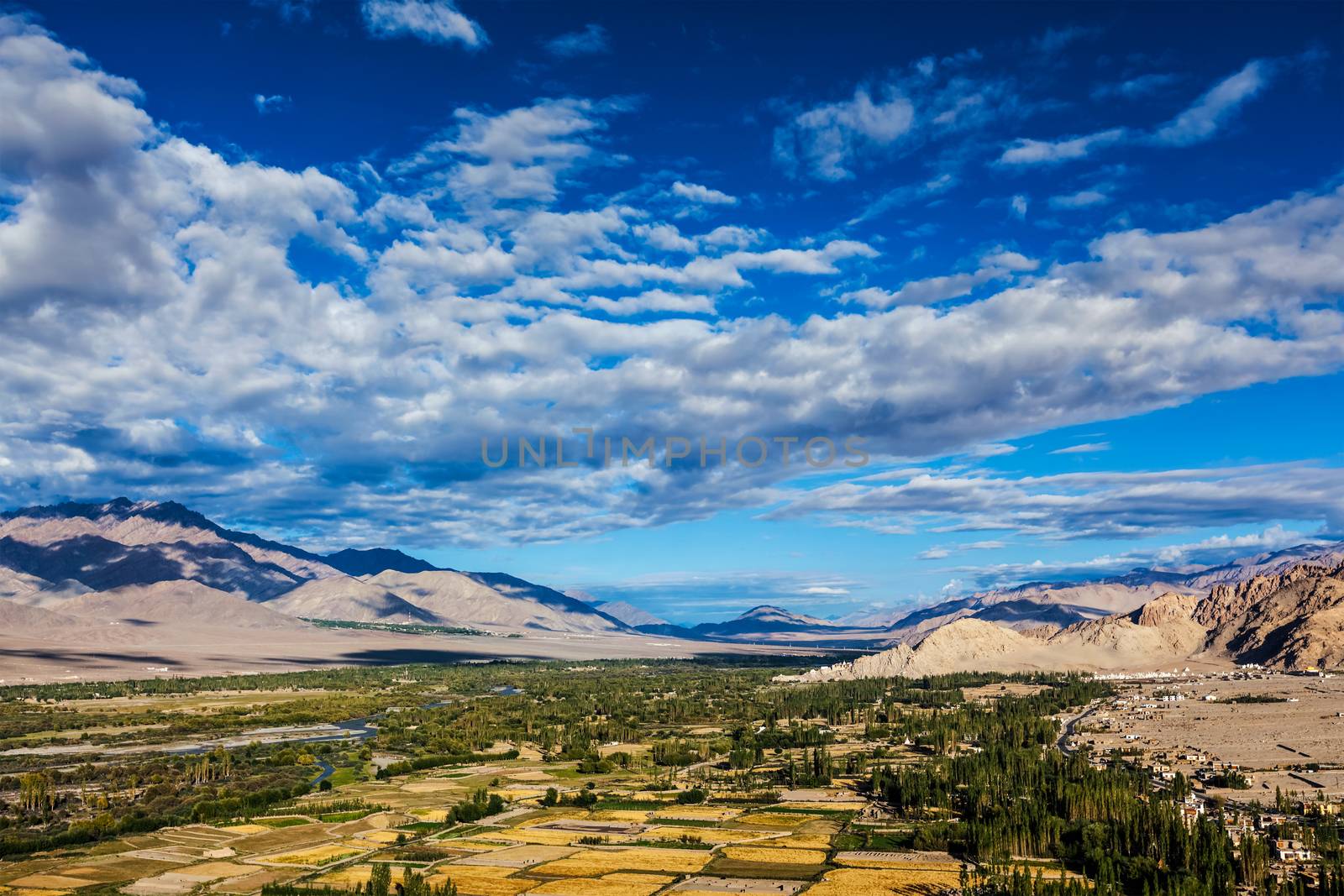Himalayan landscape of historic Indus valley surrounded by Karakoram range of Himalaya mountains. View from Buddhist temple Thiksey gompa. Ancient civilization of Bronze Age South Asia. Ladakh, India