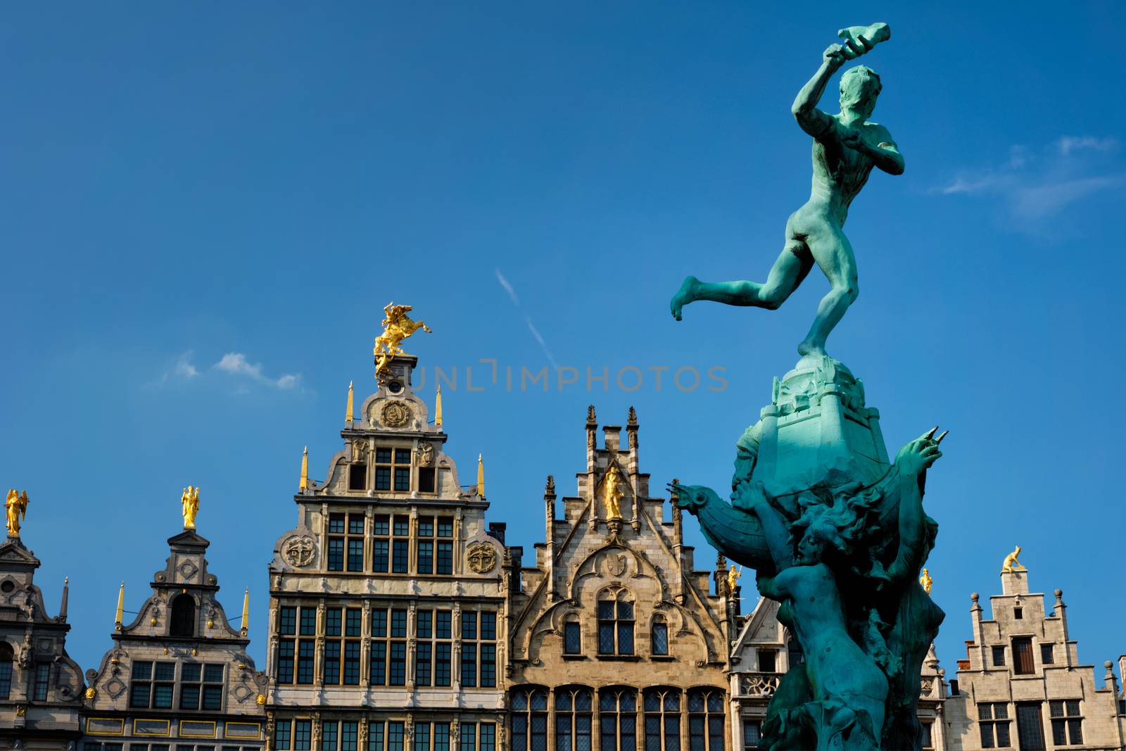 Antwerp Grote Markt old houses and monumental fountain sculpture, Belgium. Flanders by dimol
