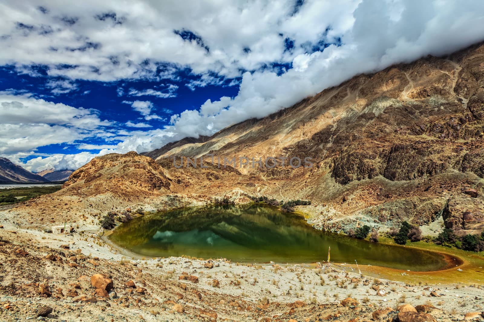 Lohan Tso mountain lake - sacred holy Tibetan buddhist buddhism piligrimage site. Nubra valley, Ladakh, India