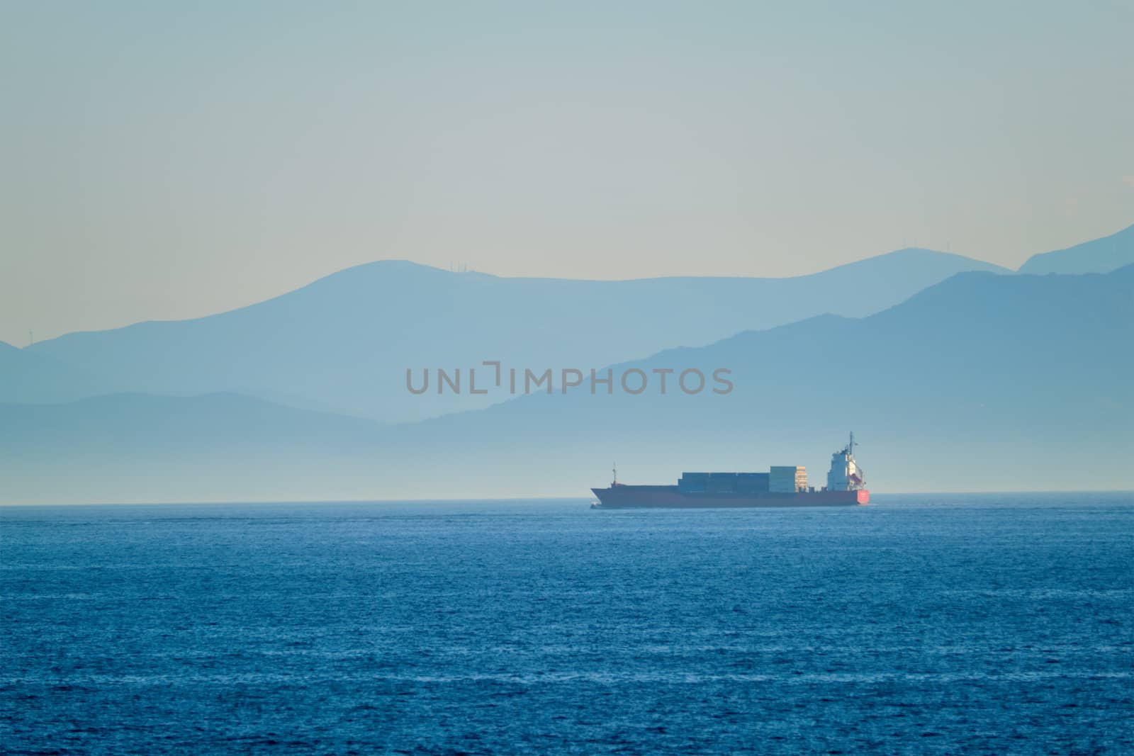 Cargo vessel ship in Aegean Sea Mediterranean sea. Greece