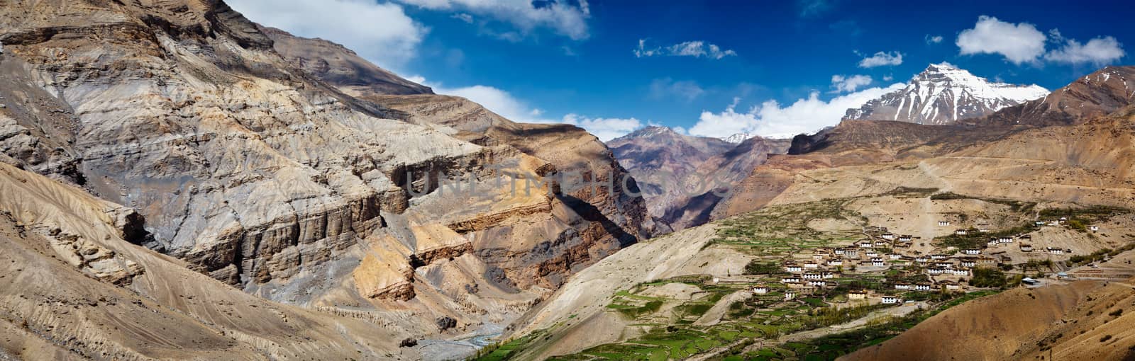 Panorama of Spiti valley and Kibber village himalayan landscape scenery in Himalayas. Spiti valley, Himachal Pradesh, India