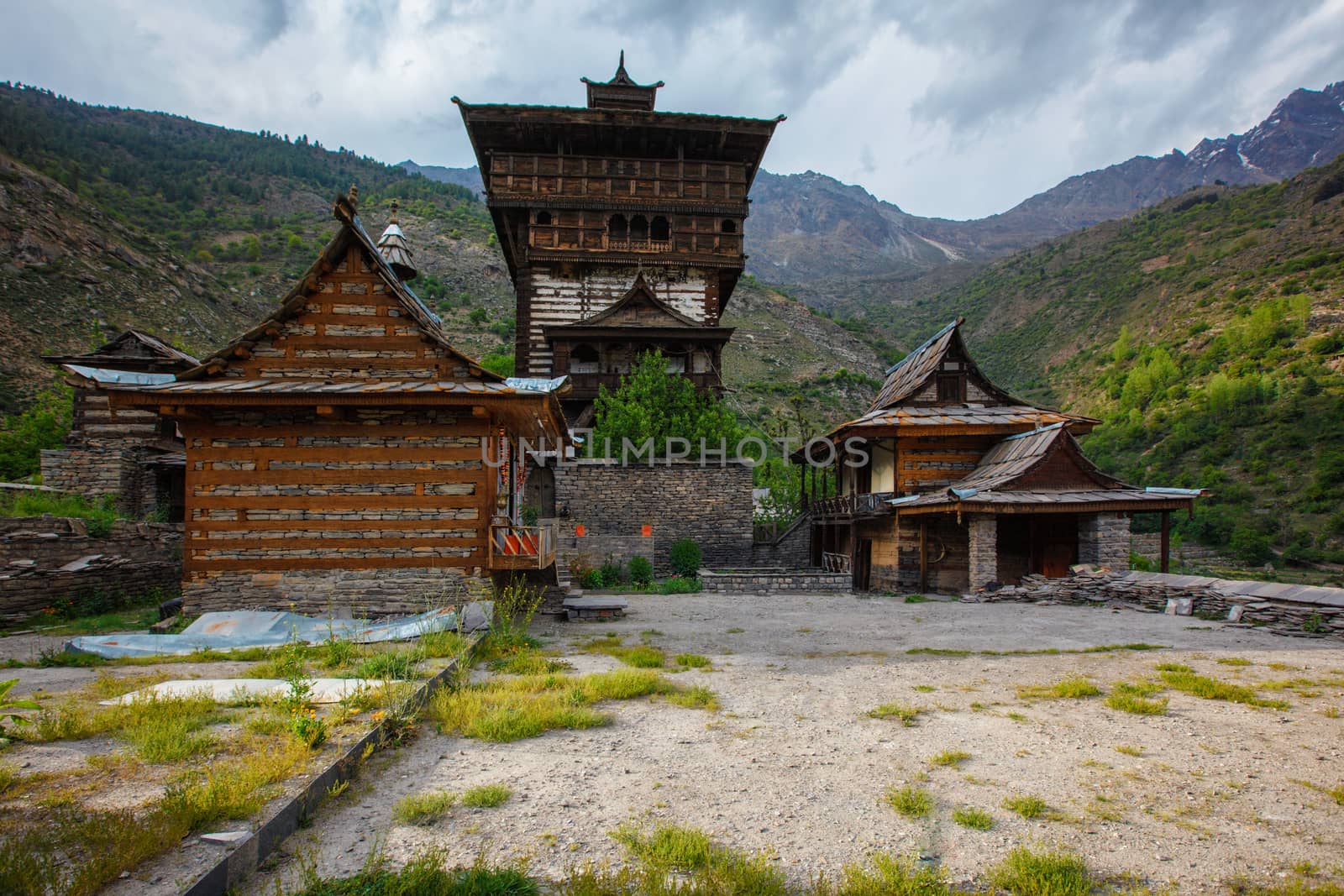 Sangla Fort - Hindu Temple. Sangla, Himachal Pradesh, India. Traditional architecture of Himachal Pradesh - layers of woods are alternated with broken stones