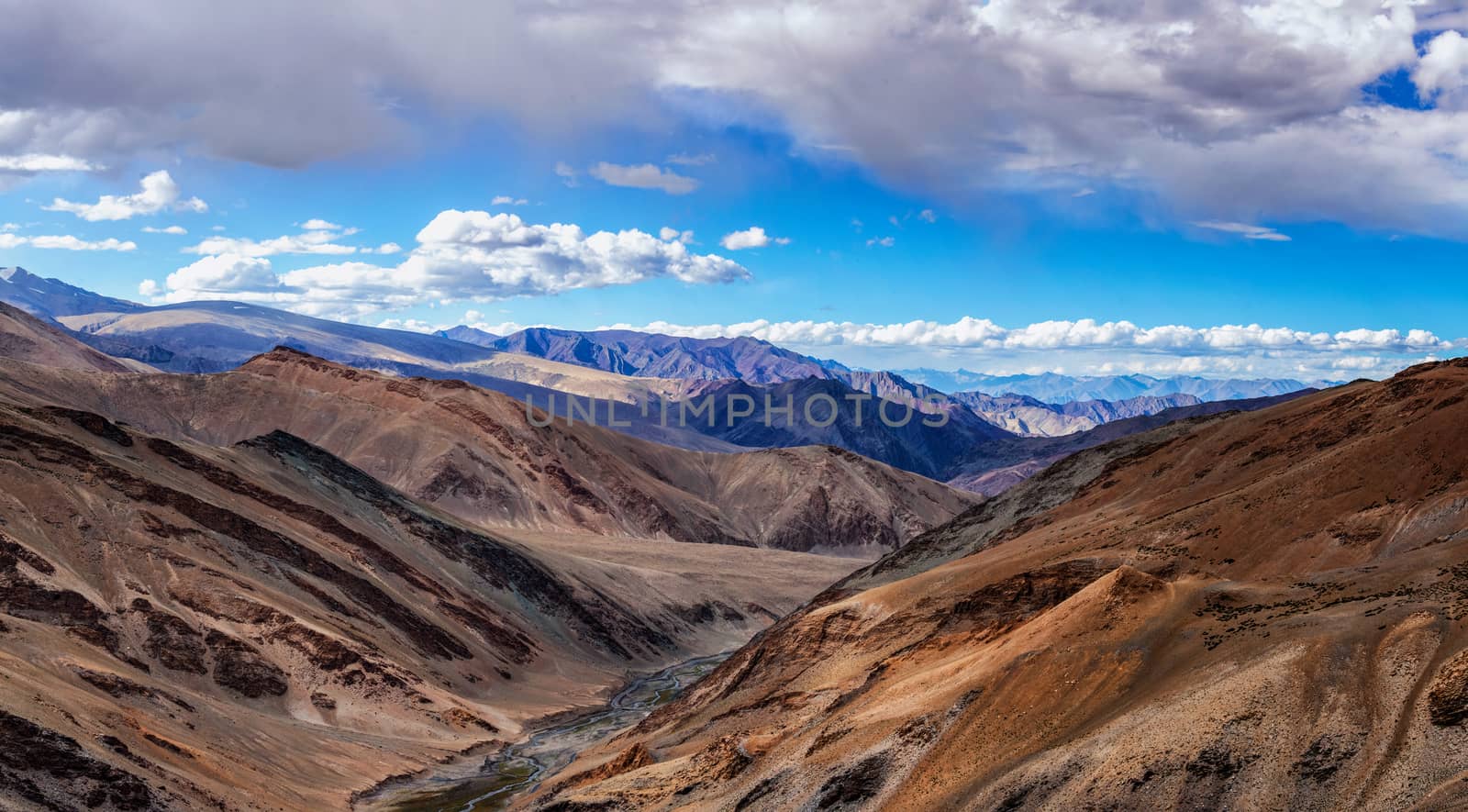 Himalayan landscape view from Tanglang la Pass. Himalaya range on Manali-Leh Highway road. Beautiful Indian Himalayan landscape of Tibetan plateau. Himachal Pradesh to Ladakh, North India