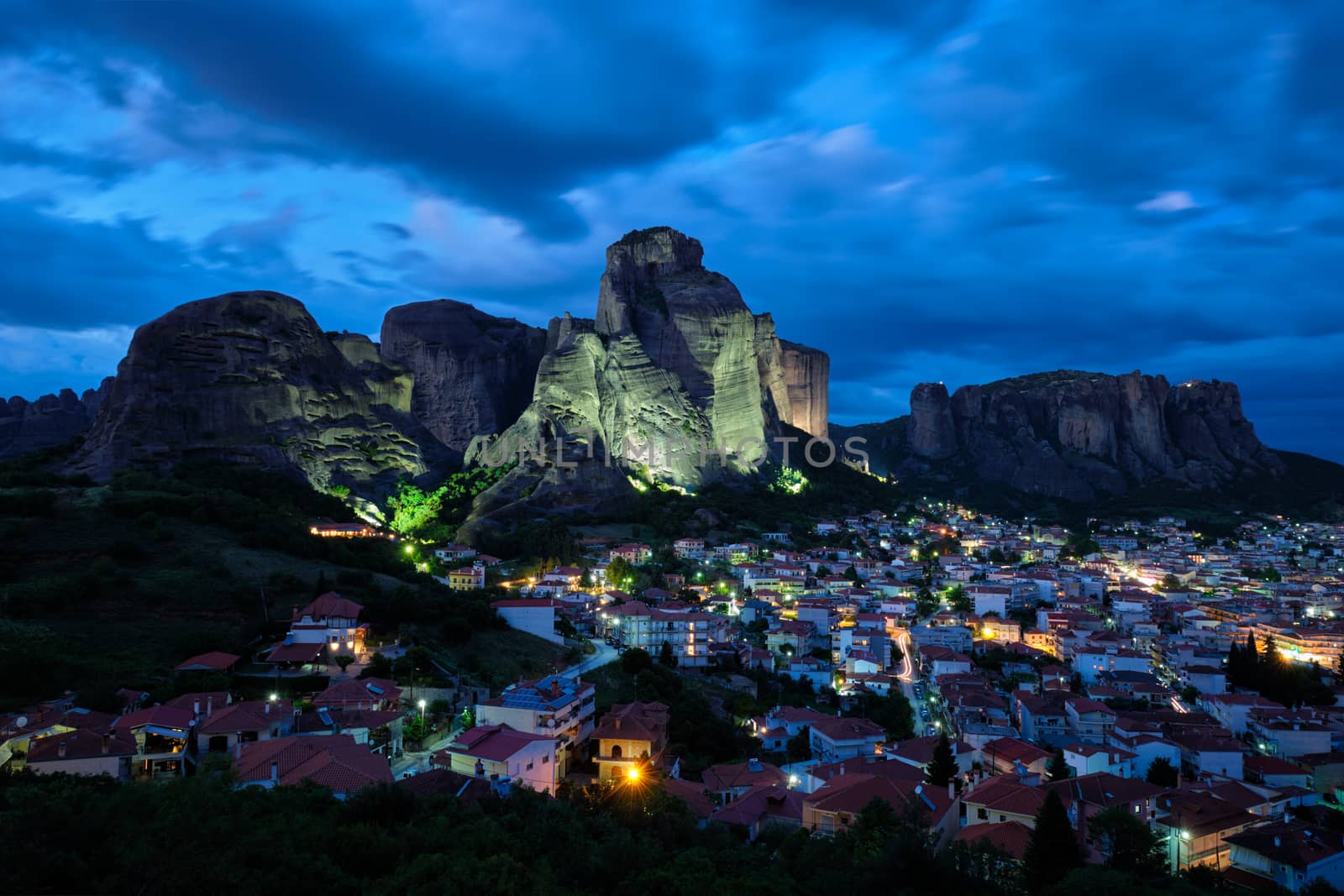 Kalambaka village in famous tourist destination Meteora in Greece in night by dimol
