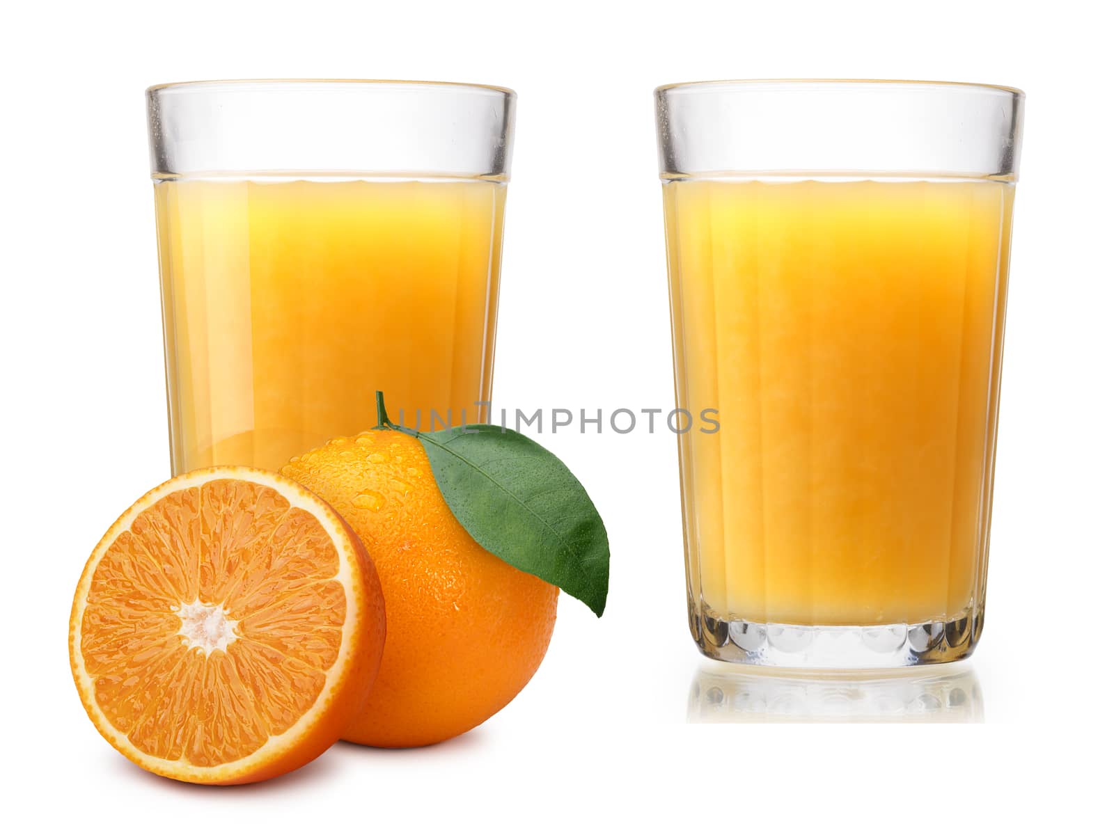 Faceted glasses (highballs) with orange juice, one glass with whole and halved orange on foreground. Separate clipping paths for each glass, for oranges and for shadows. Infinite depth of field