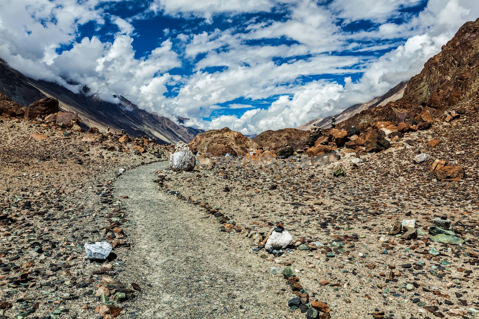 Foot path to sacred Buddhist lake Lohat Tso in Himalayas. Nubra valley, Ladakh, India