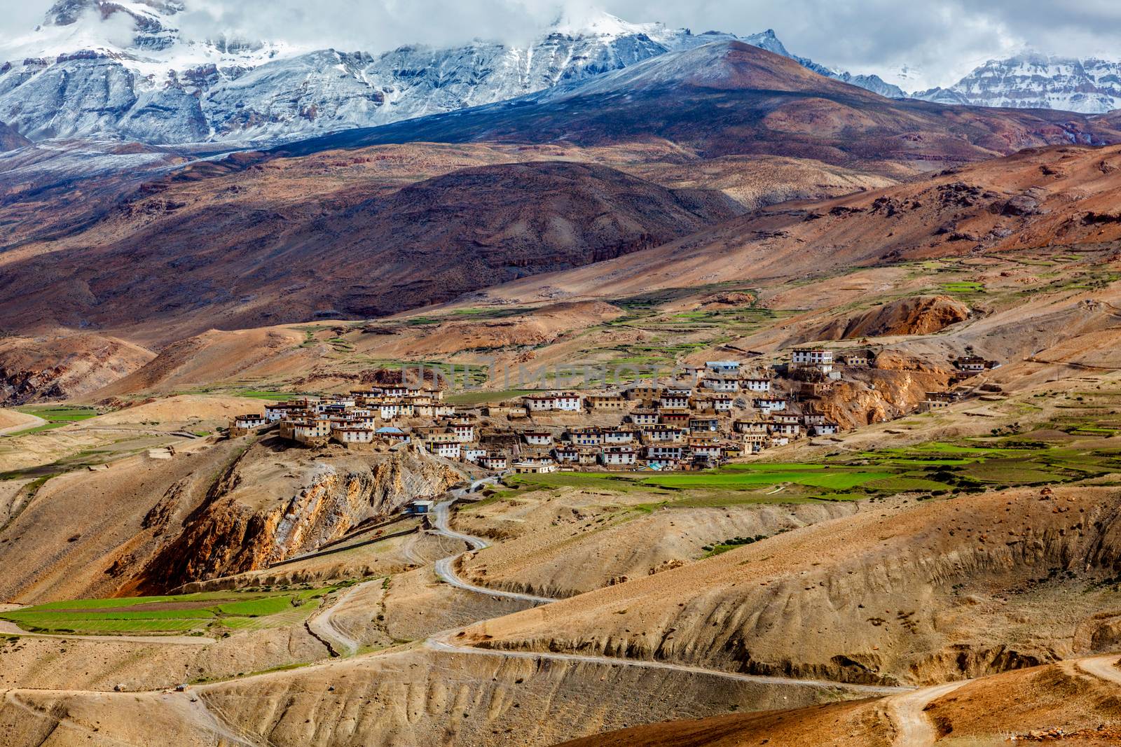 Kibber village in Himalayas. Lies in a narrow valley on the summit of a limestone rock. Elevation 4270 m above sea level. Highest populated village in the world. Spiti Valley, Himachal Pradesh, India