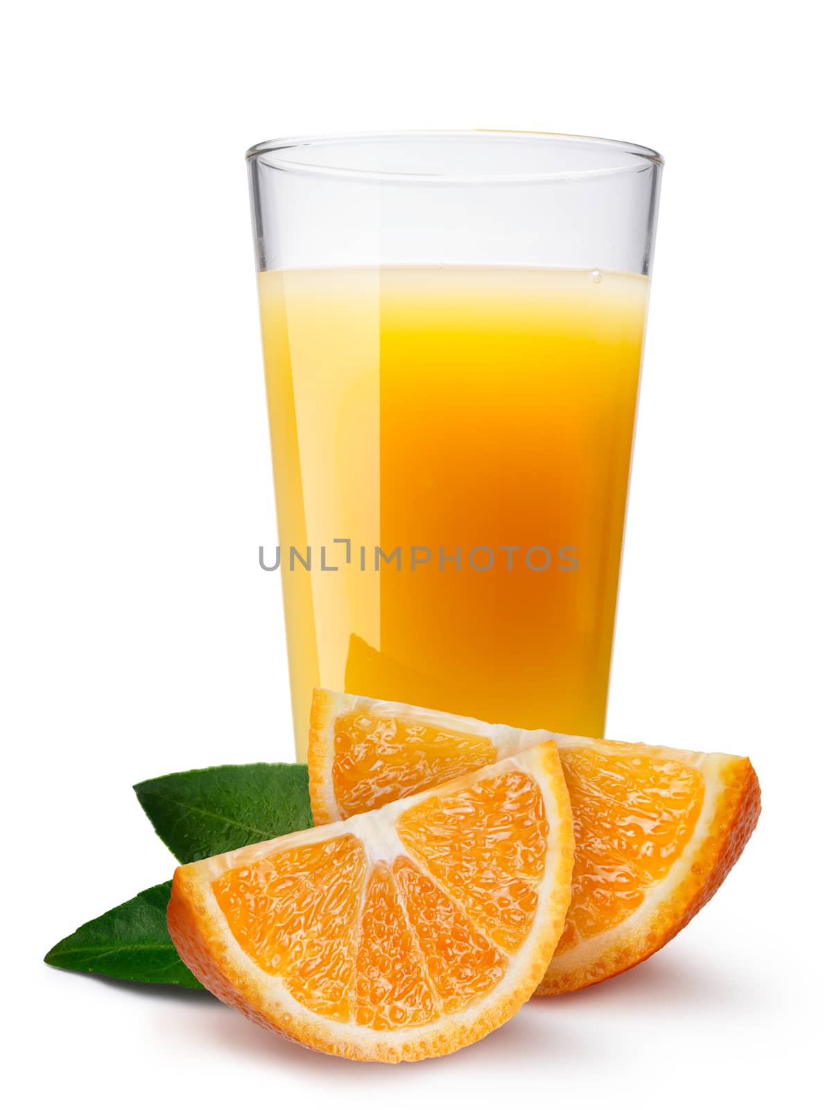 Glass (highball) with orange juice with orange slice on foreground. Separate clipping paths for glass and for shadows. Infinite depth of field