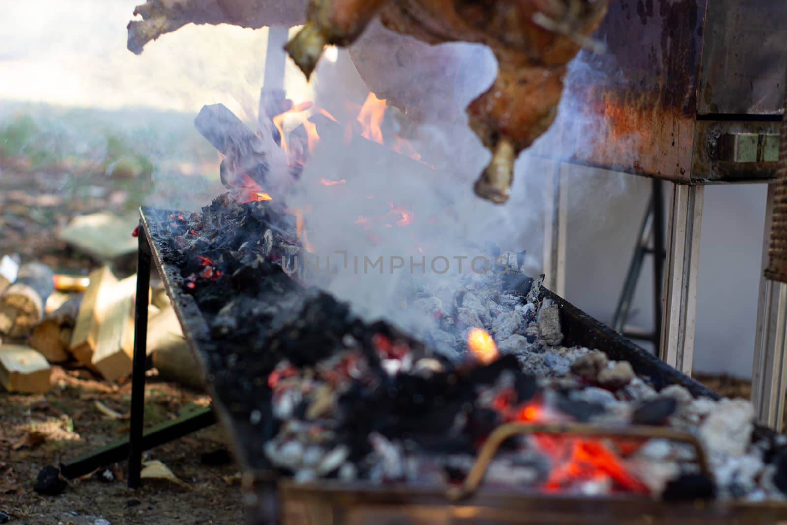 Roast pig on a spit. Pig cooking in Germany.