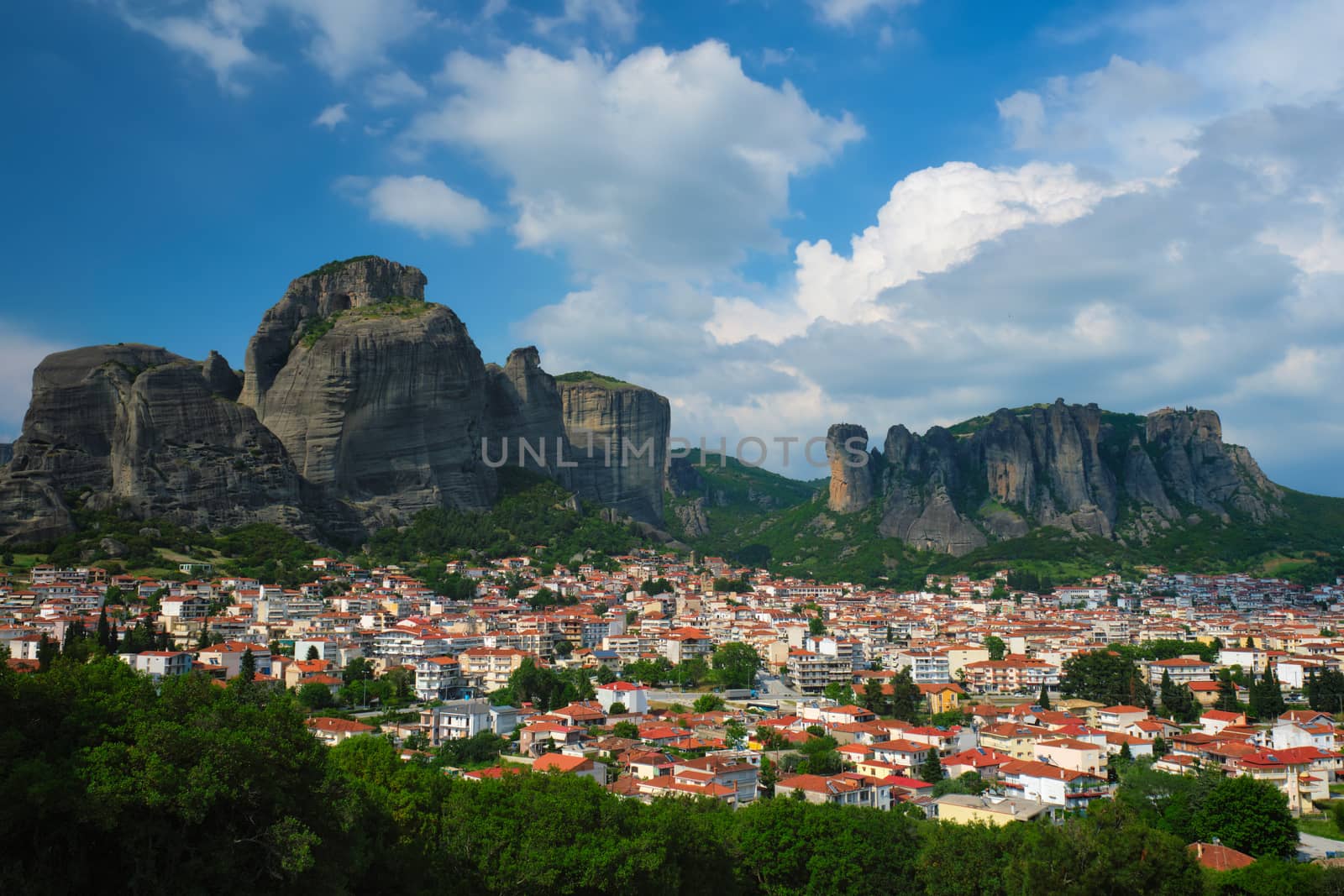 View of scenery landscape and Kalambaka village in famous greek tourist destination Meteora in Greece