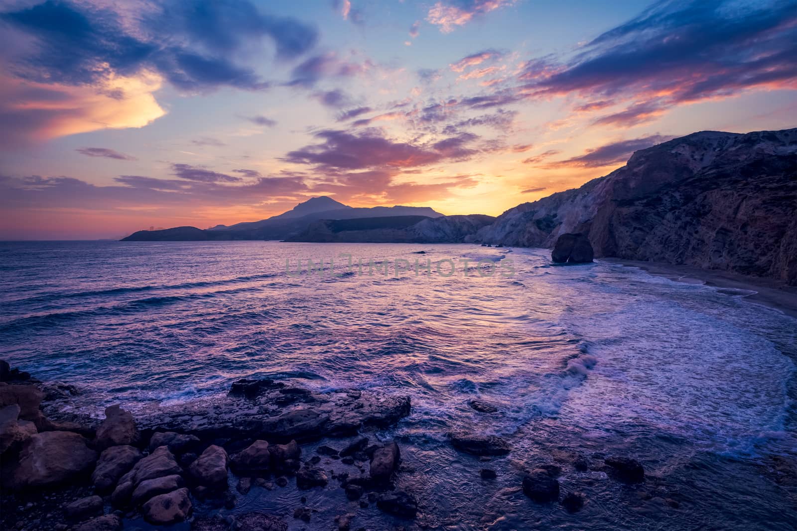 Fyriplaka beach on sunset, Milos island, Cyclades, Greece by dimol