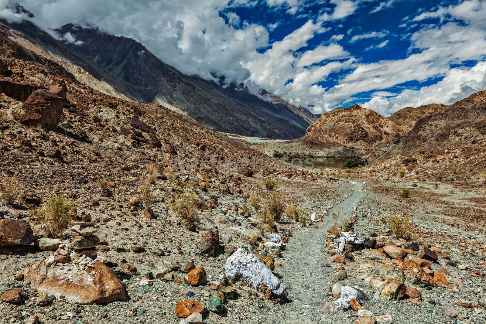 Foot path to sacred lake Lohat Tso in Himalayas. Nubra valley, Ladakh, India