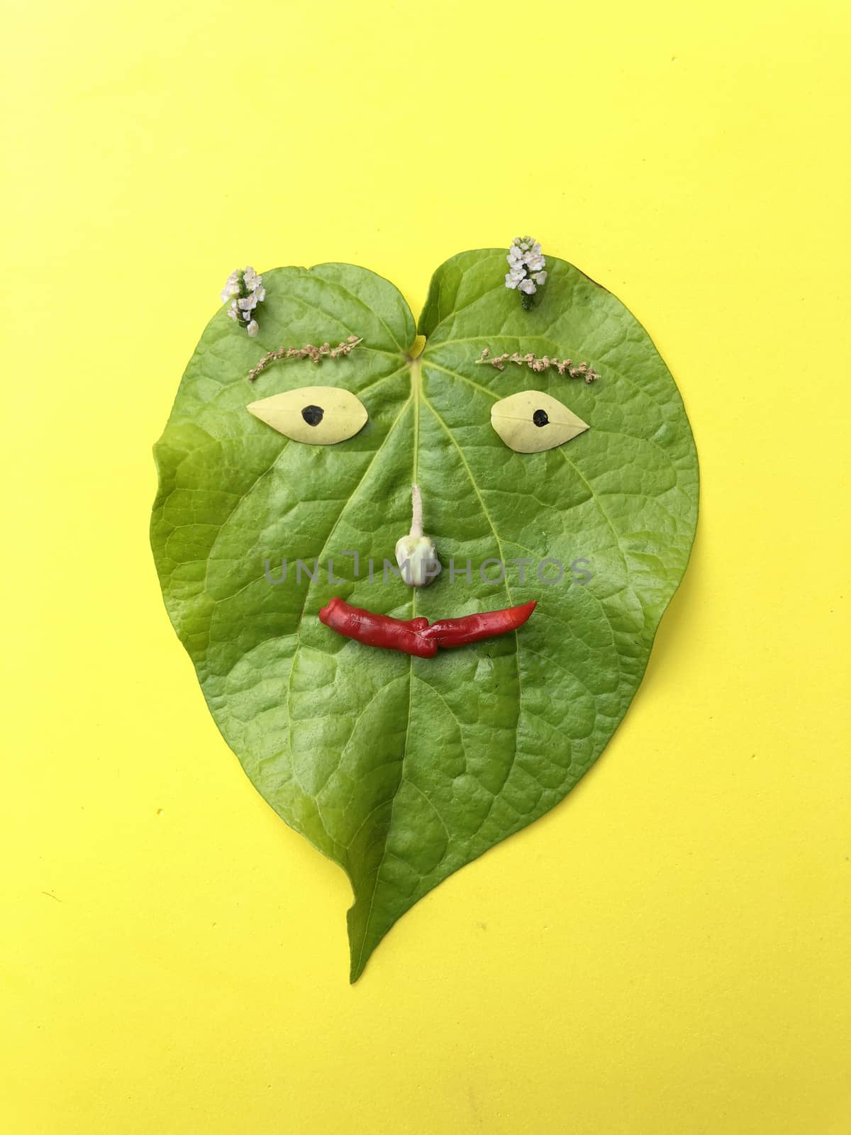 Betel leaf is crafted with flowers and vegetables to represent as a smiling human face with yellow background