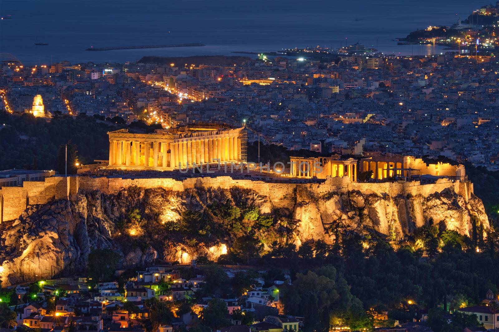 Famous greek tourist landmark - the iconic Athens view and Parthenon Temple at the Acropolis of Athens as seen from Mount Lycabettus, Athens, Greece