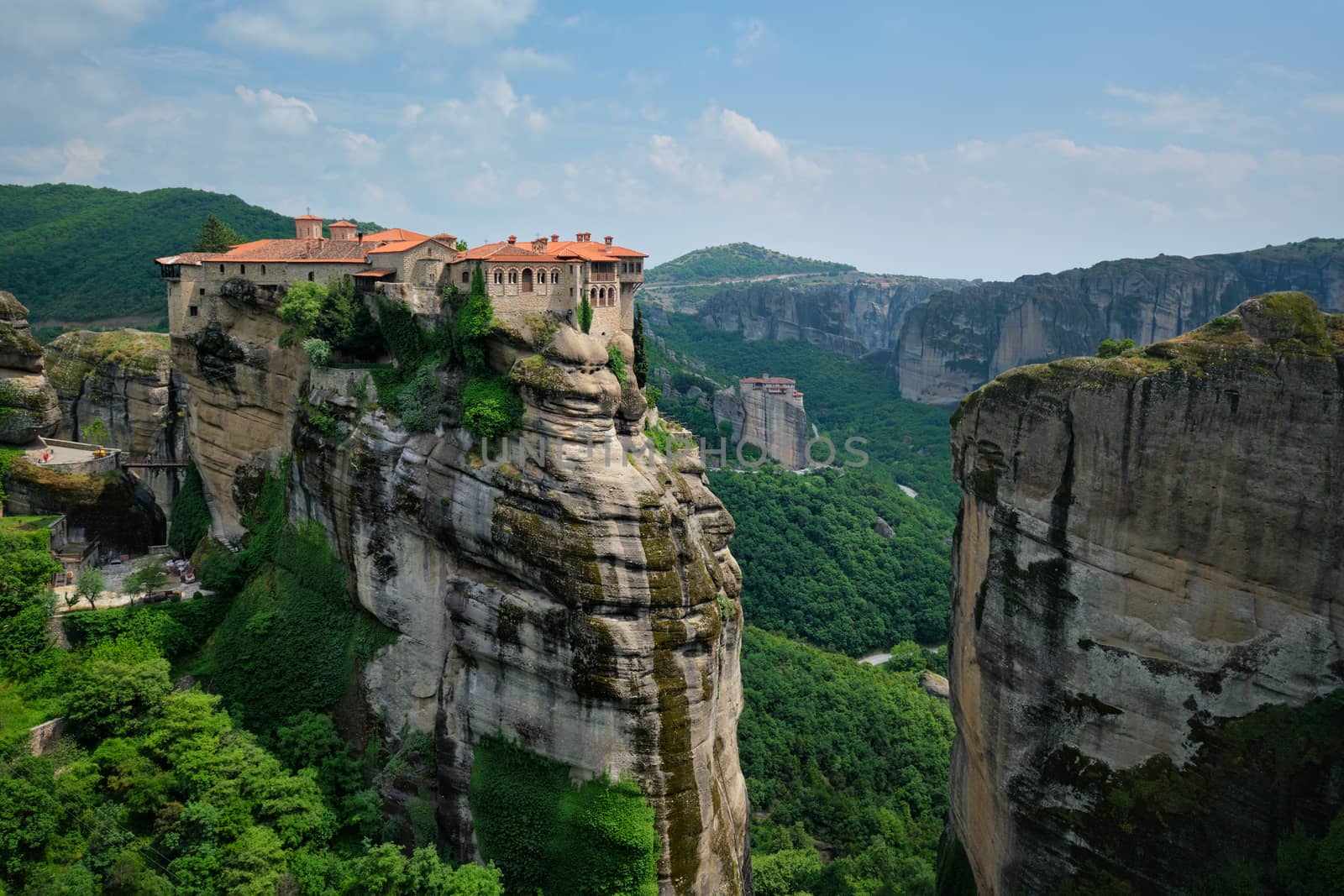 Monastery of Varlaam monastery and Monastery of Rousanou in famous greek tourist destination Meteora in Greece with scenic scenery landscape