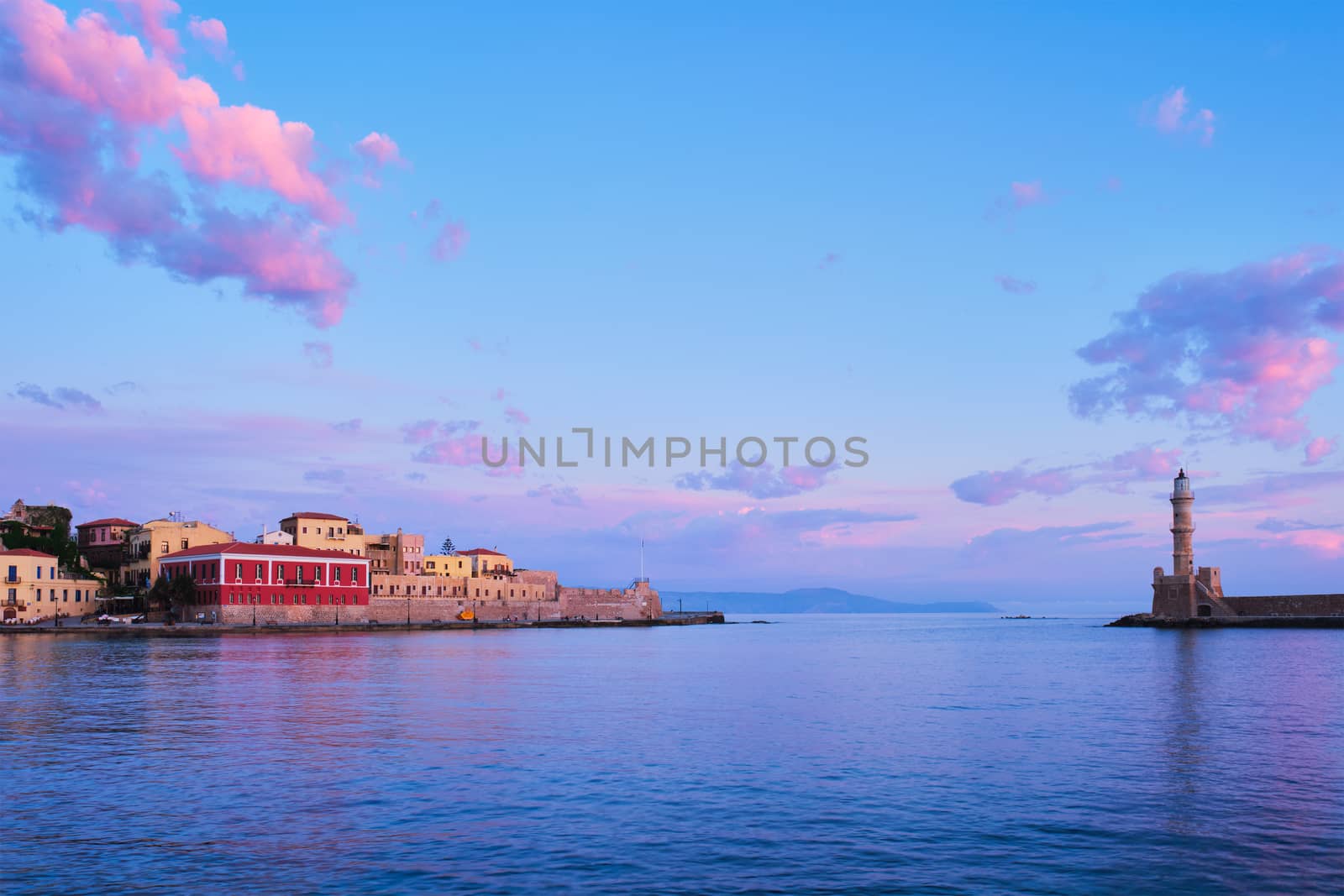 Picturesque old port of Chania is one of landmarks and tourist destinations of Crete island in the morning on sunrise. Chania, Crete, Greece