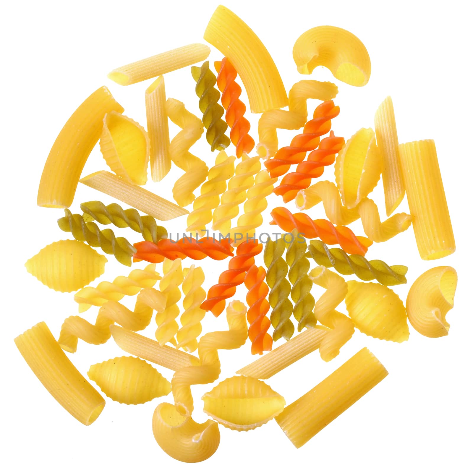 Fusilli tricolor pasta set isolated on a white background.