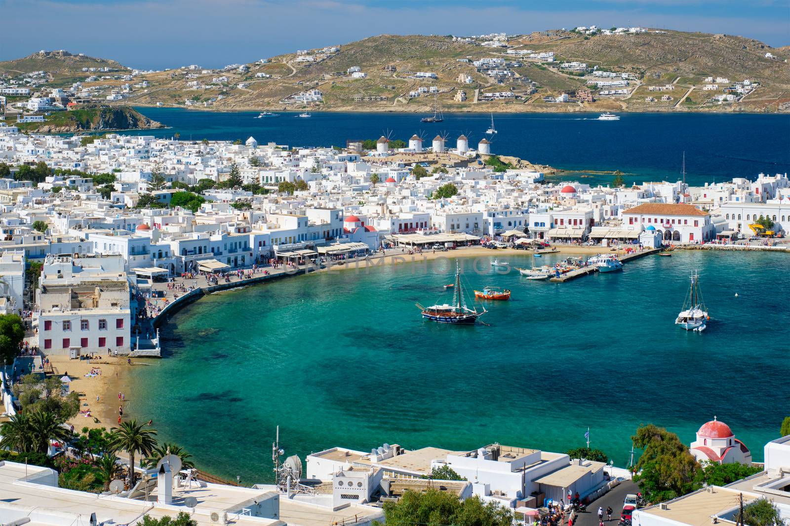 Mykonos island port with boats, Cyclades islands, Greece by dimol