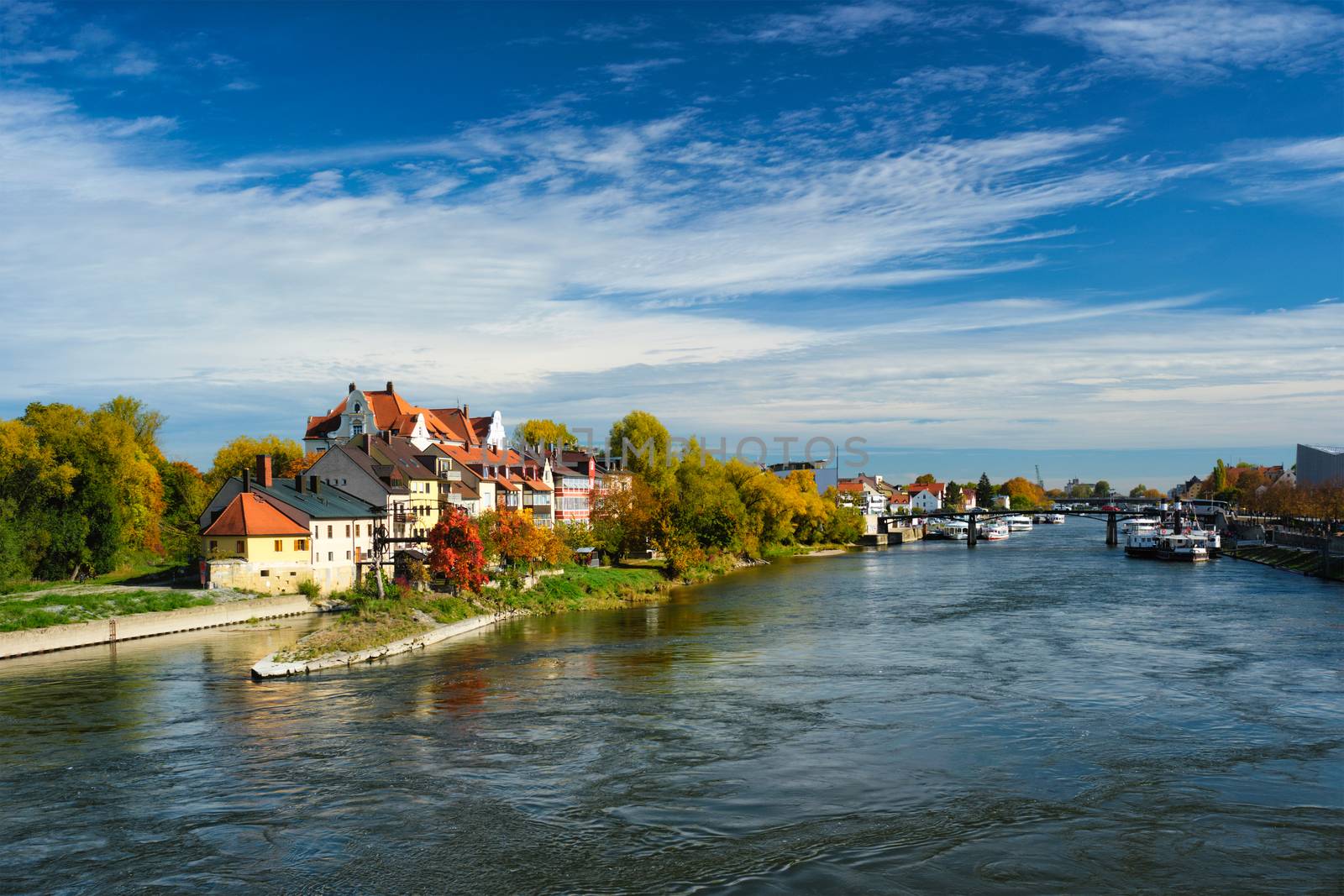 Old houses along Danube River in Regensburg, Bavaria, Germany