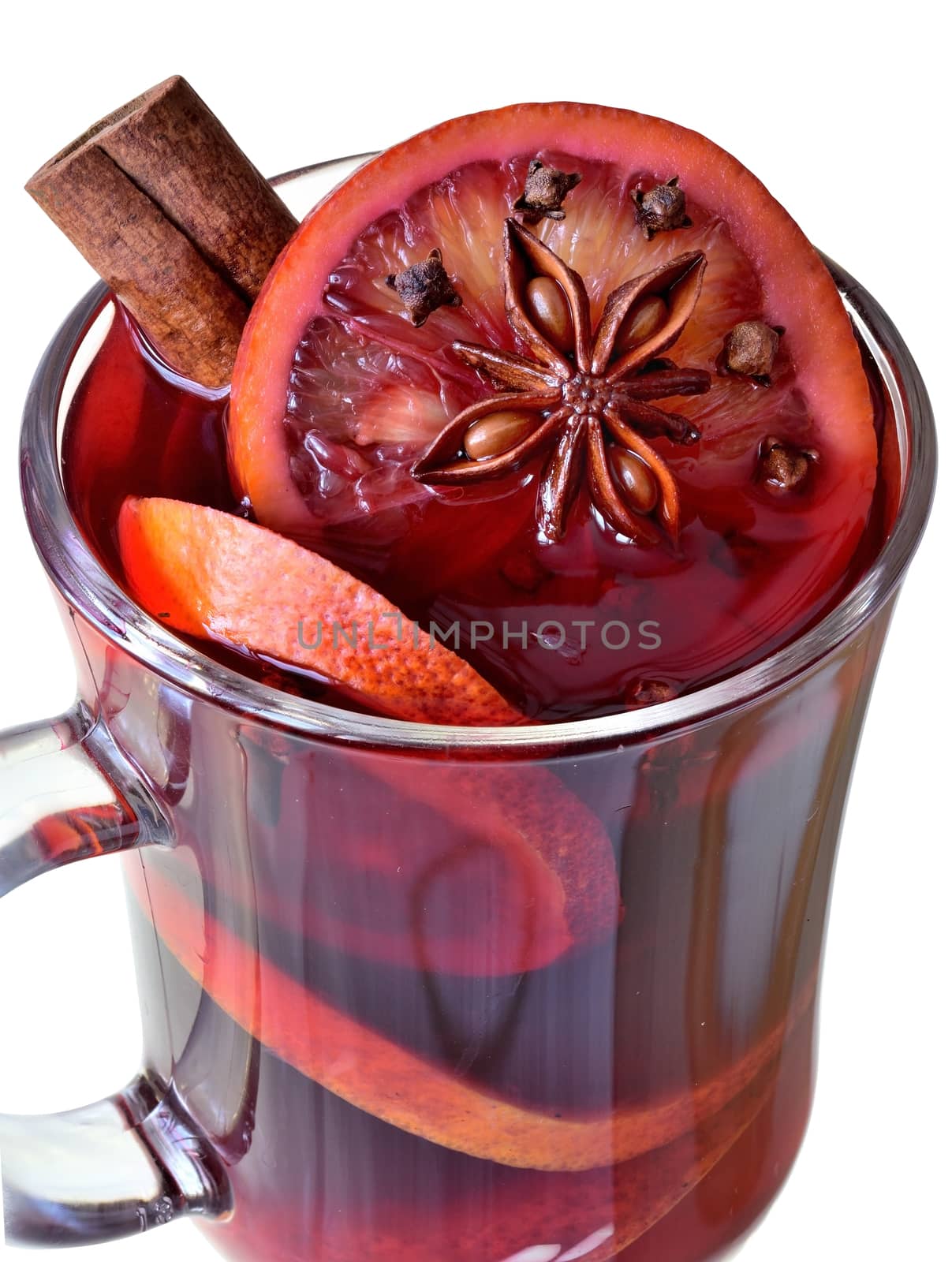 Winter drink mulled wine top view isolated on a white background.