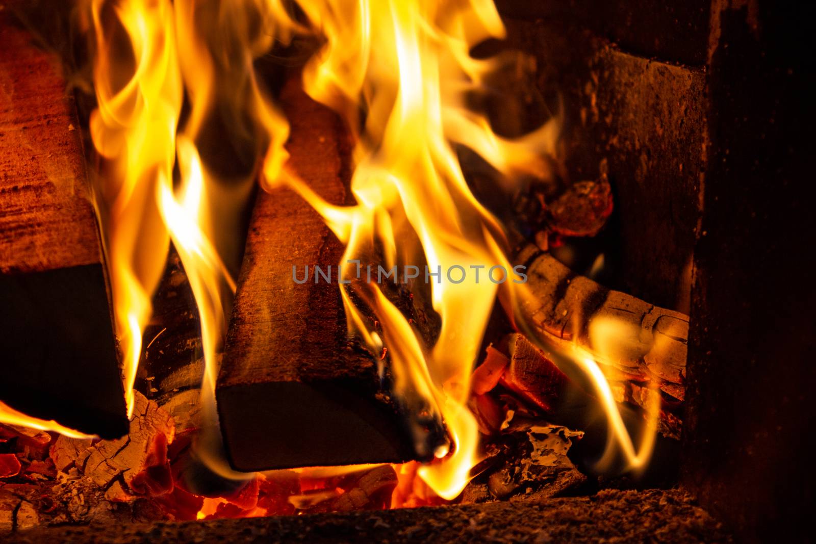 wood burning in furnace in a home during winter