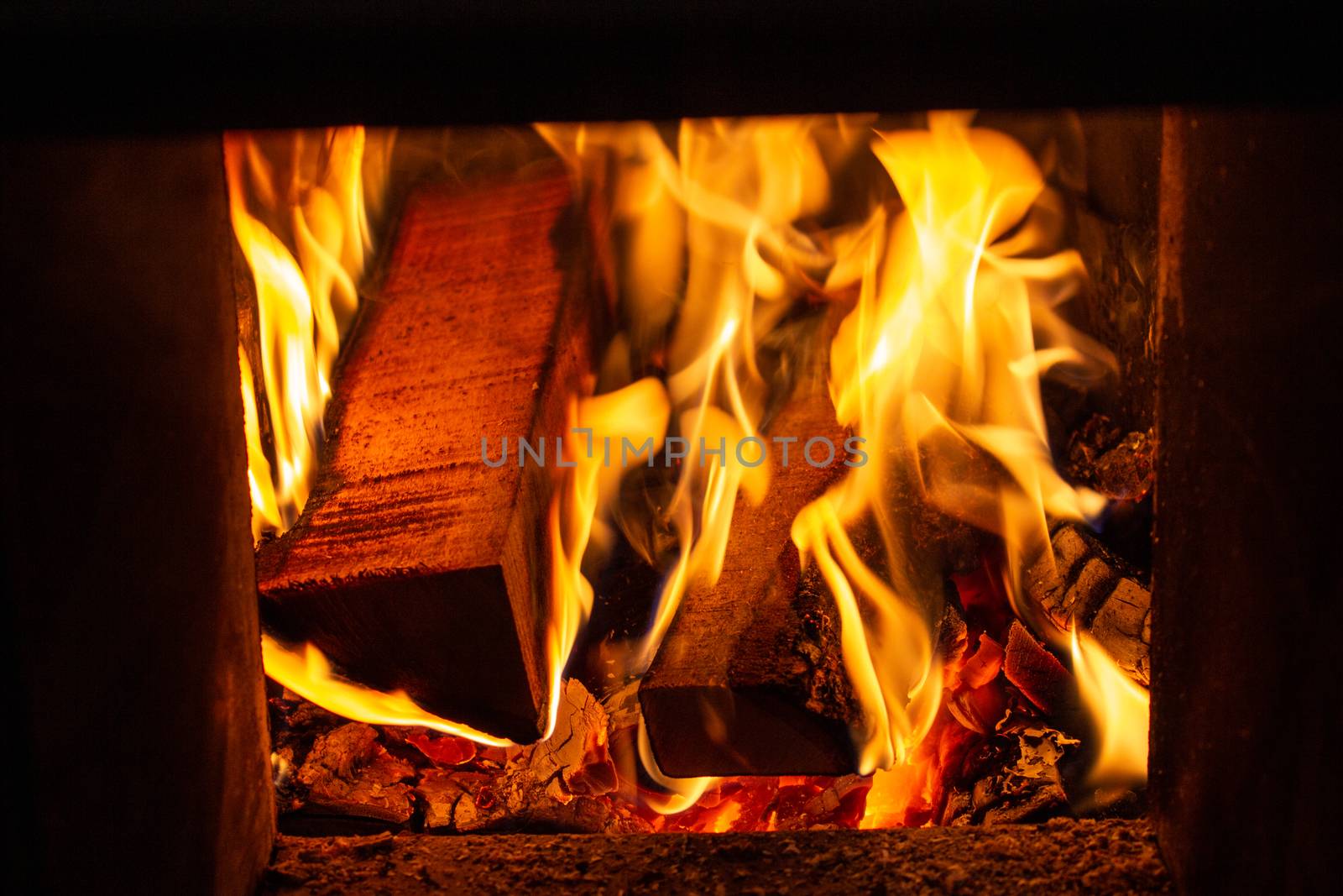 wood burning in furnace in a home during winter