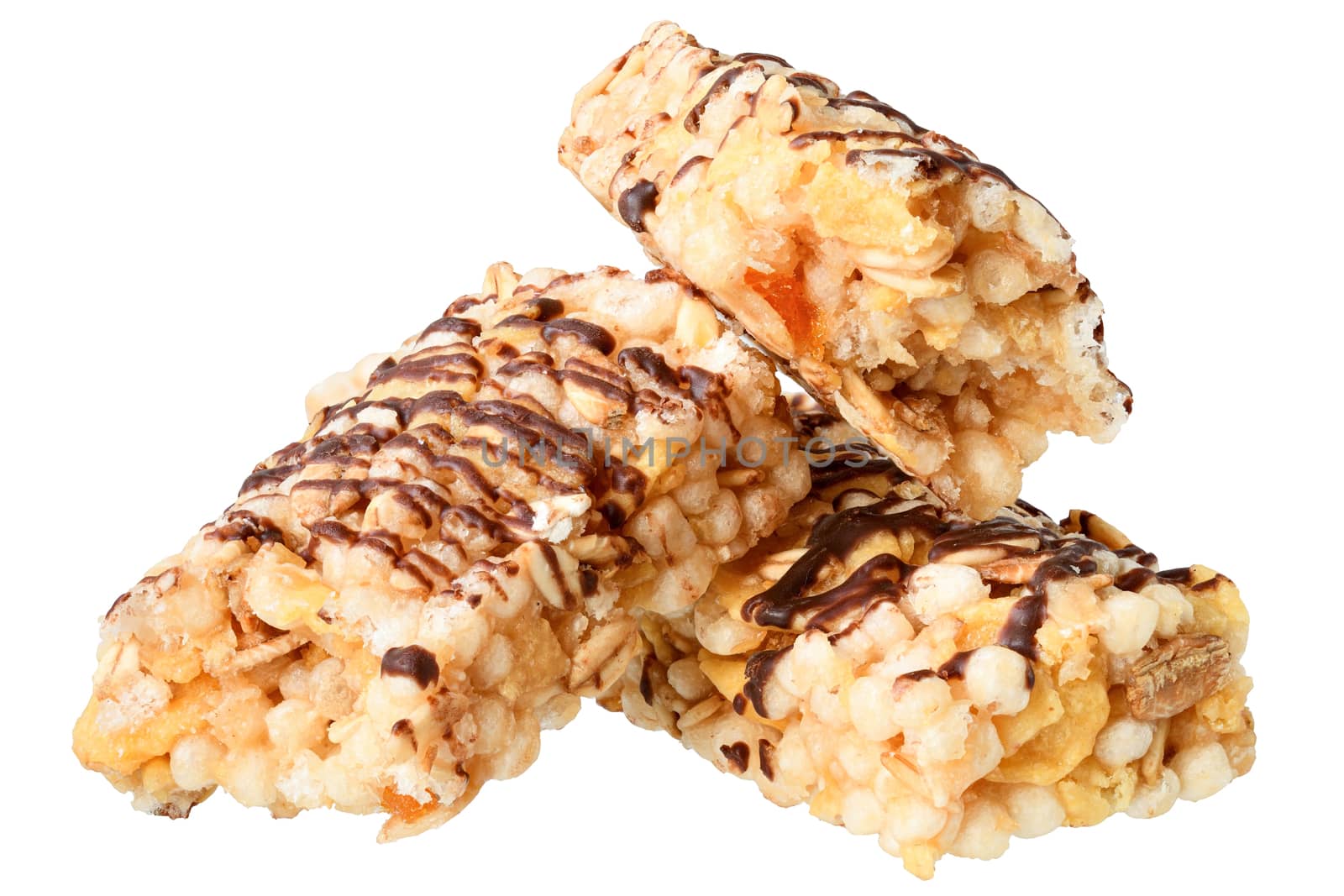 Chocolate bars with dried fruit isolated on white background.