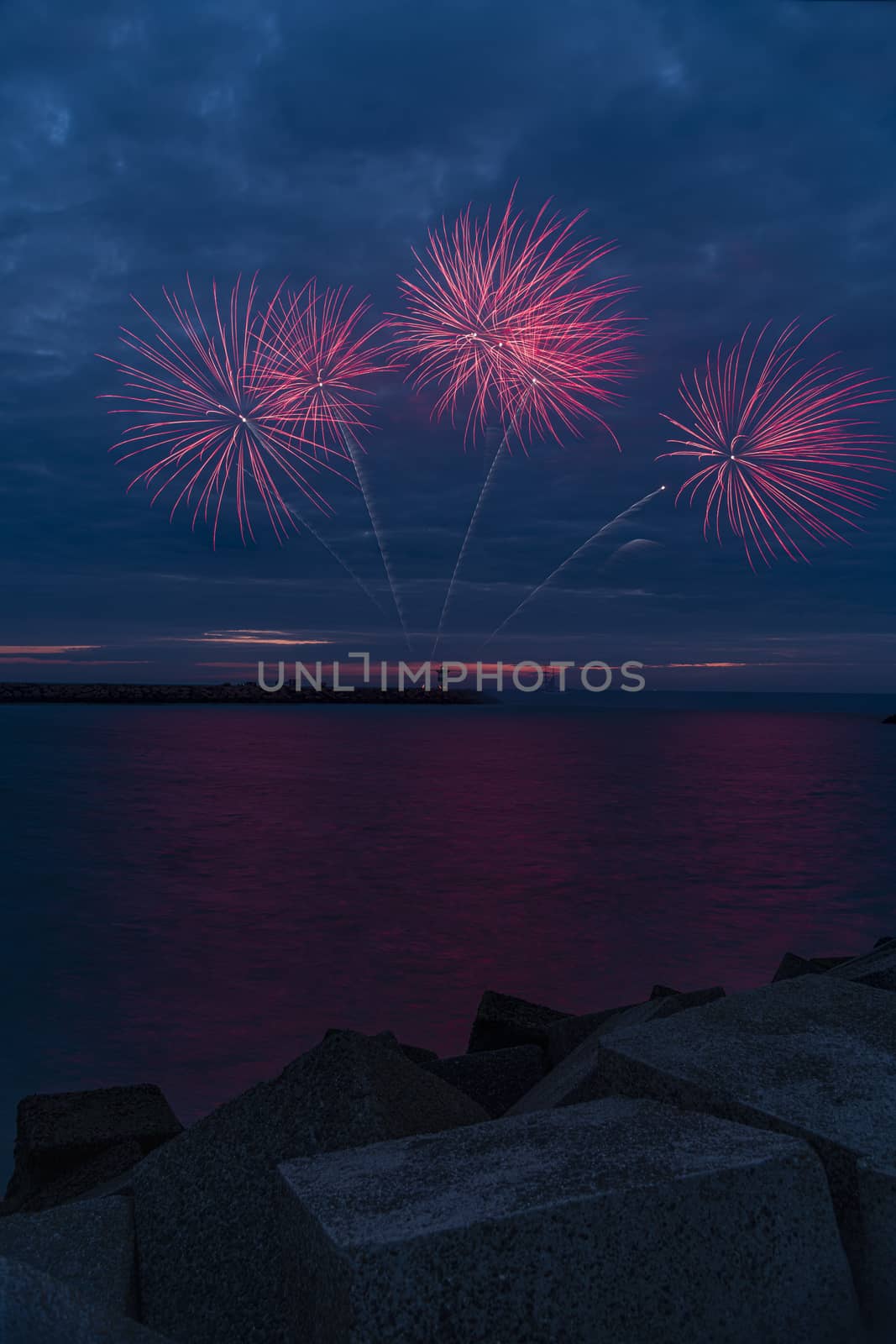 Fireworks launch at the pier of the Scheveningen harbor celebrating the Tall Ship Regatta in The Hague, Netherlands