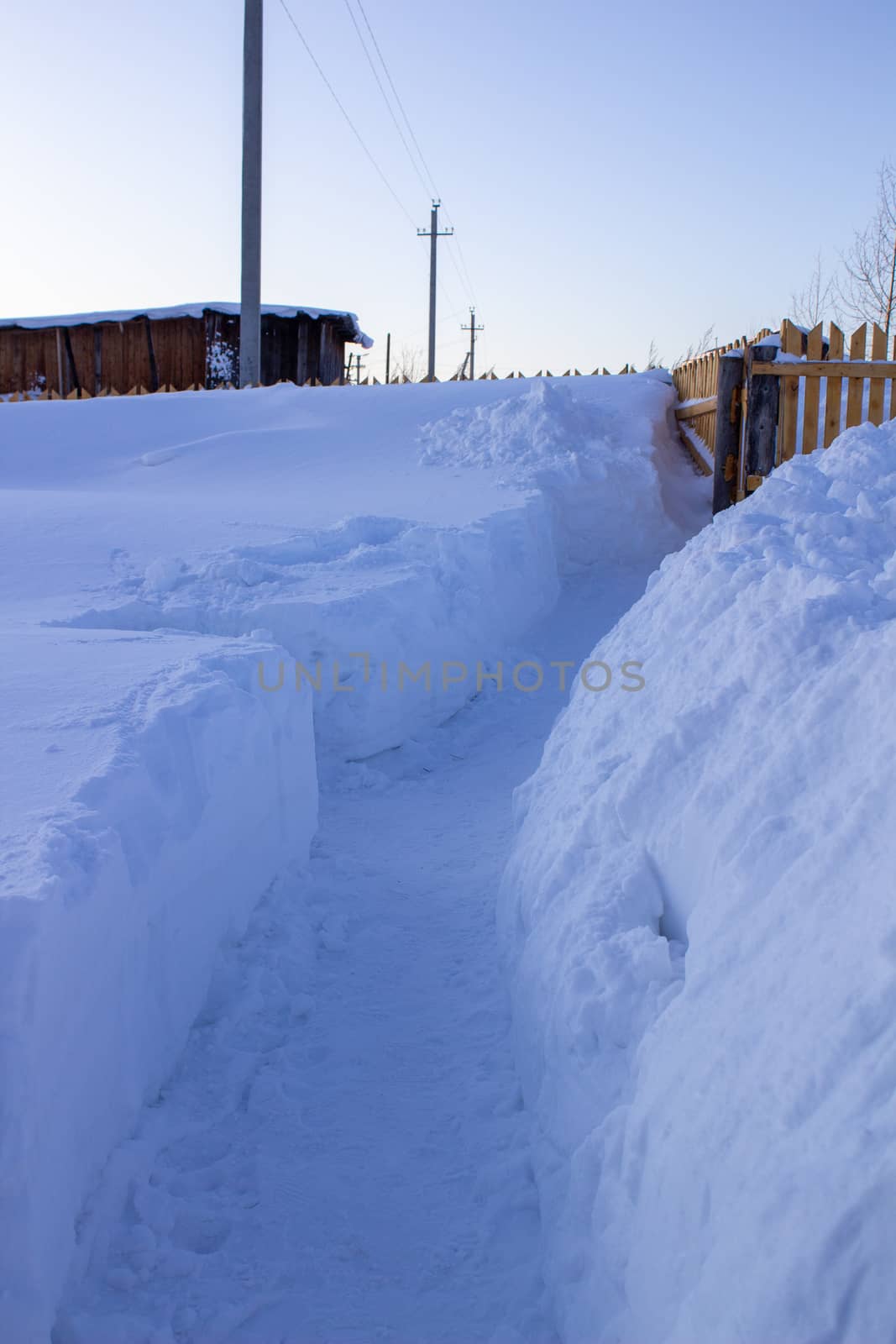 Wooden houses and fences covered with snow in Siberia, Russia. by AnatoliiFoto