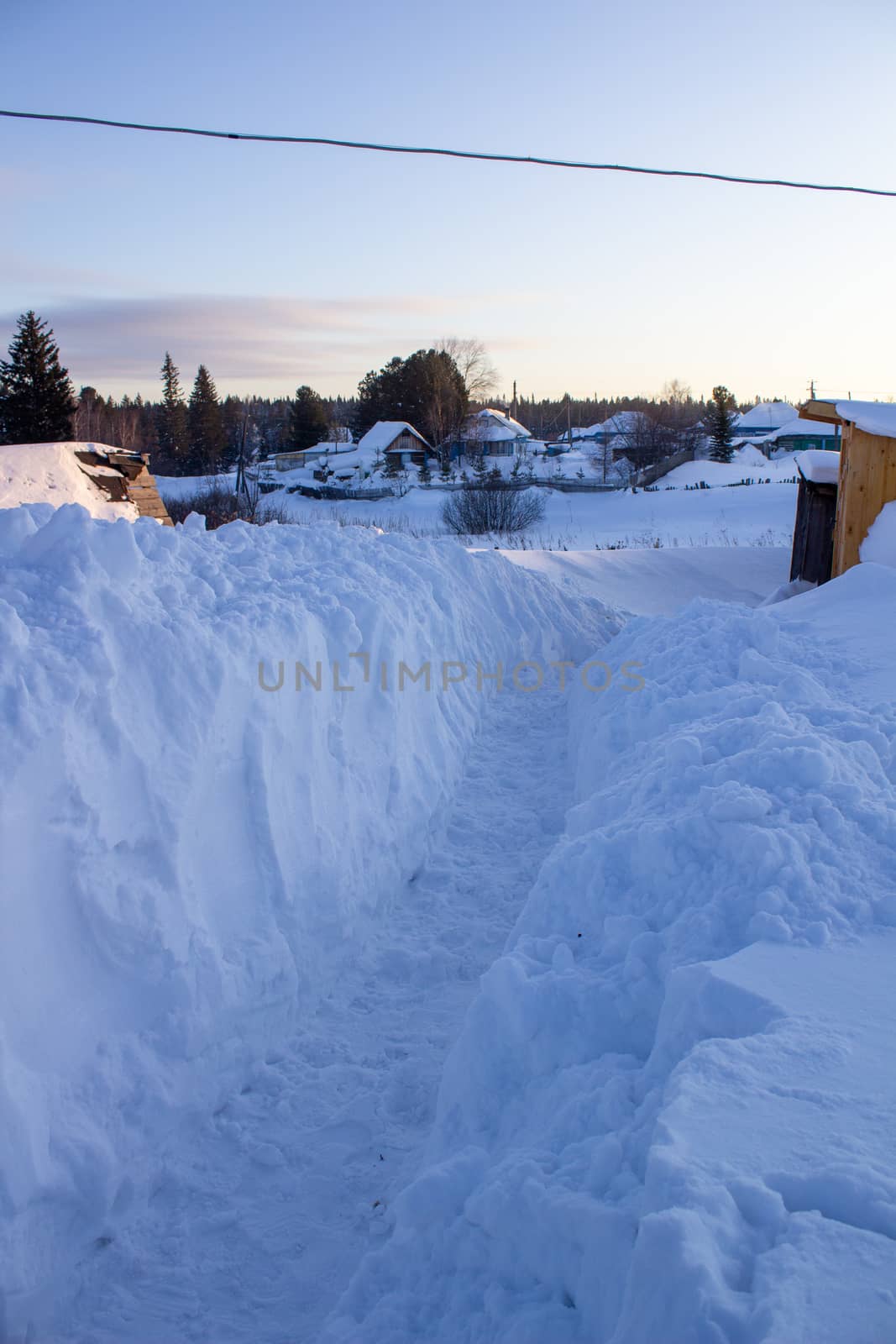 Wooden houses and fences covered with snow in Siberia, Russia. by AnatoliiFoto