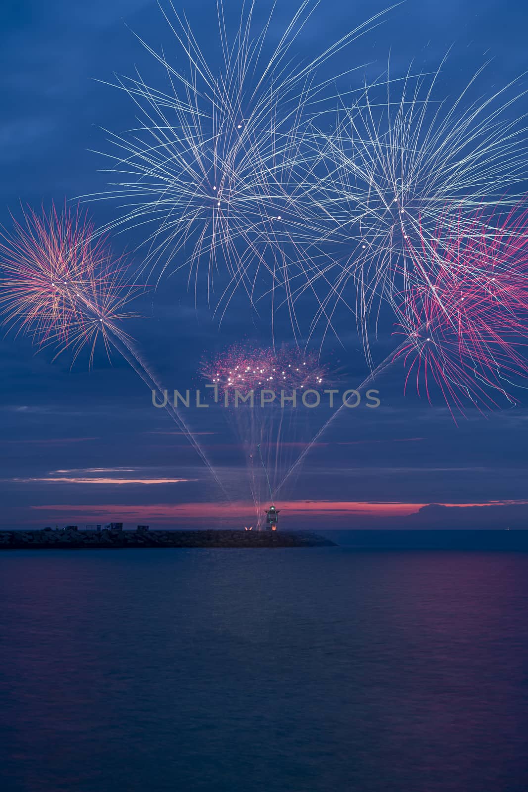Fireworks launch at the pier of the Scheveningen harbor celebrating the Tall Ship Regatta in The Hague, Netherlands