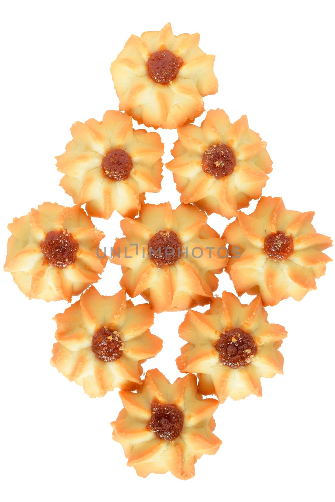Shortbread with jam top view isolated on a white background.