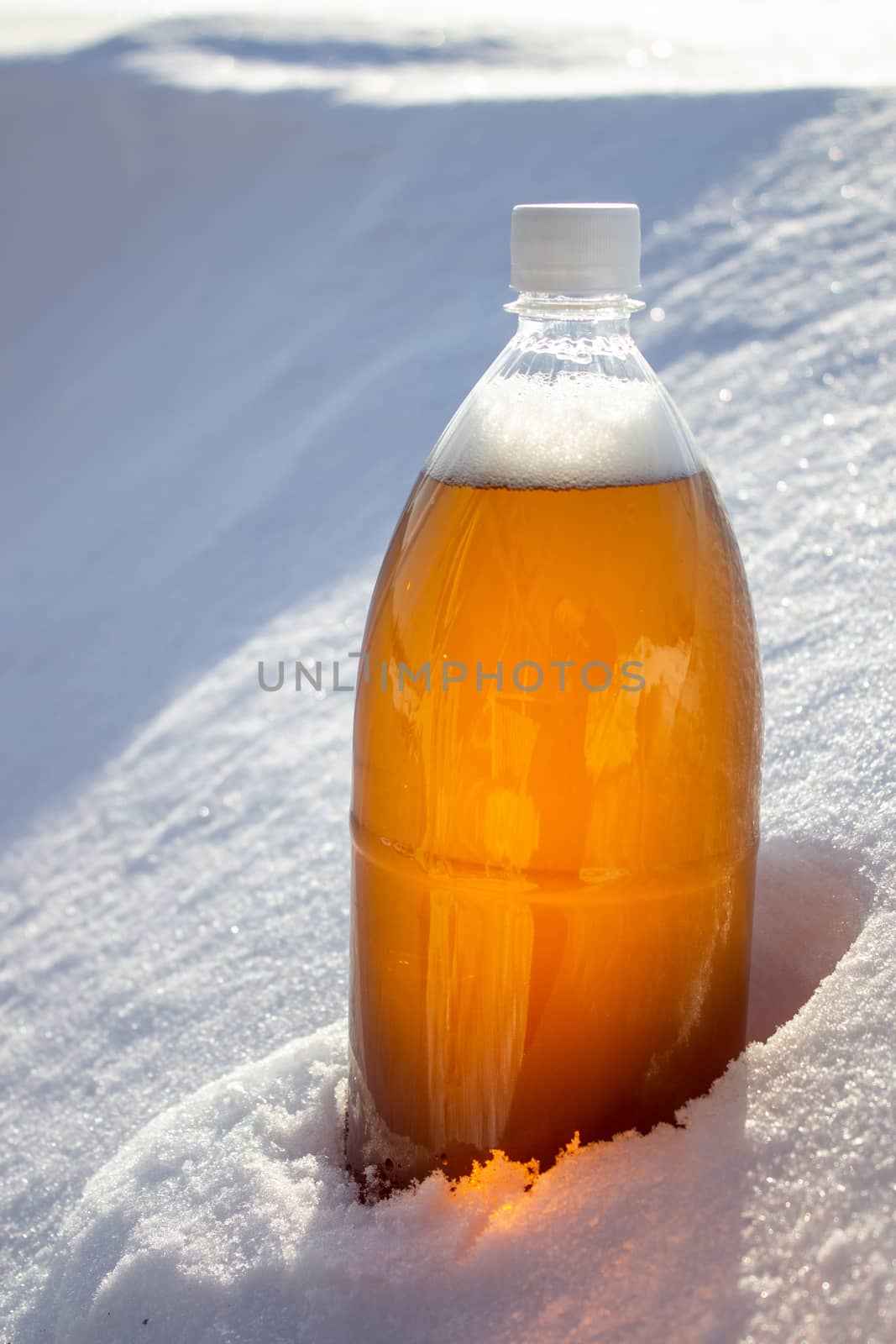 Plastic beer bottle in the snow in winter in nature, beer background