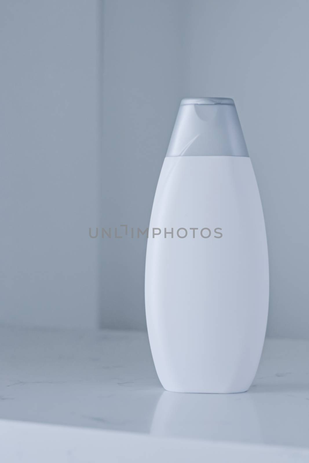 Blank label cosmetic container bottle as product mockup on gray background by Anneleven