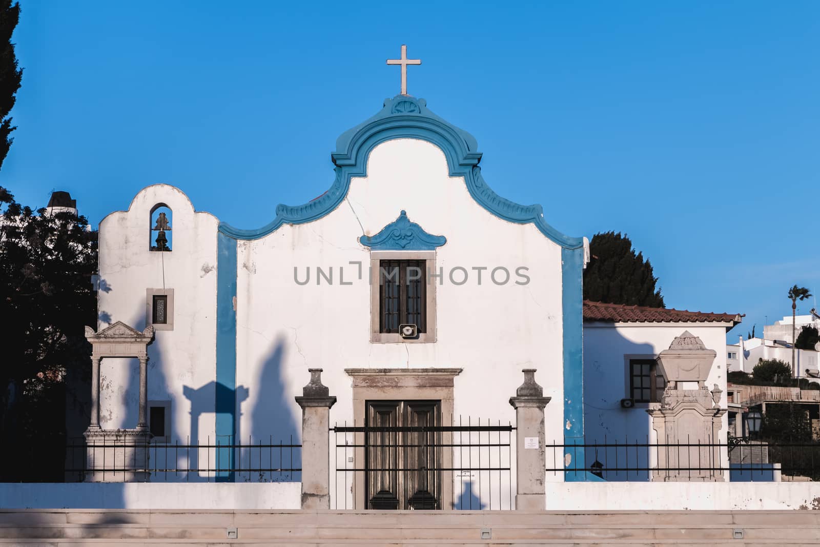 Albufeira, Portugal - May 3, 2018: Architectural detail of the Ermida Church of Our Lady of Orada (Nossa Senhora da Orada) on a spring day