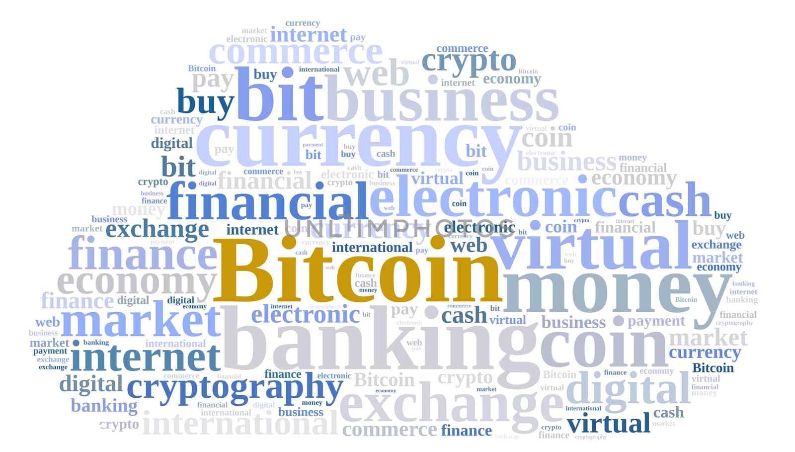 Illustration with word cloud relating to Bitcoin.